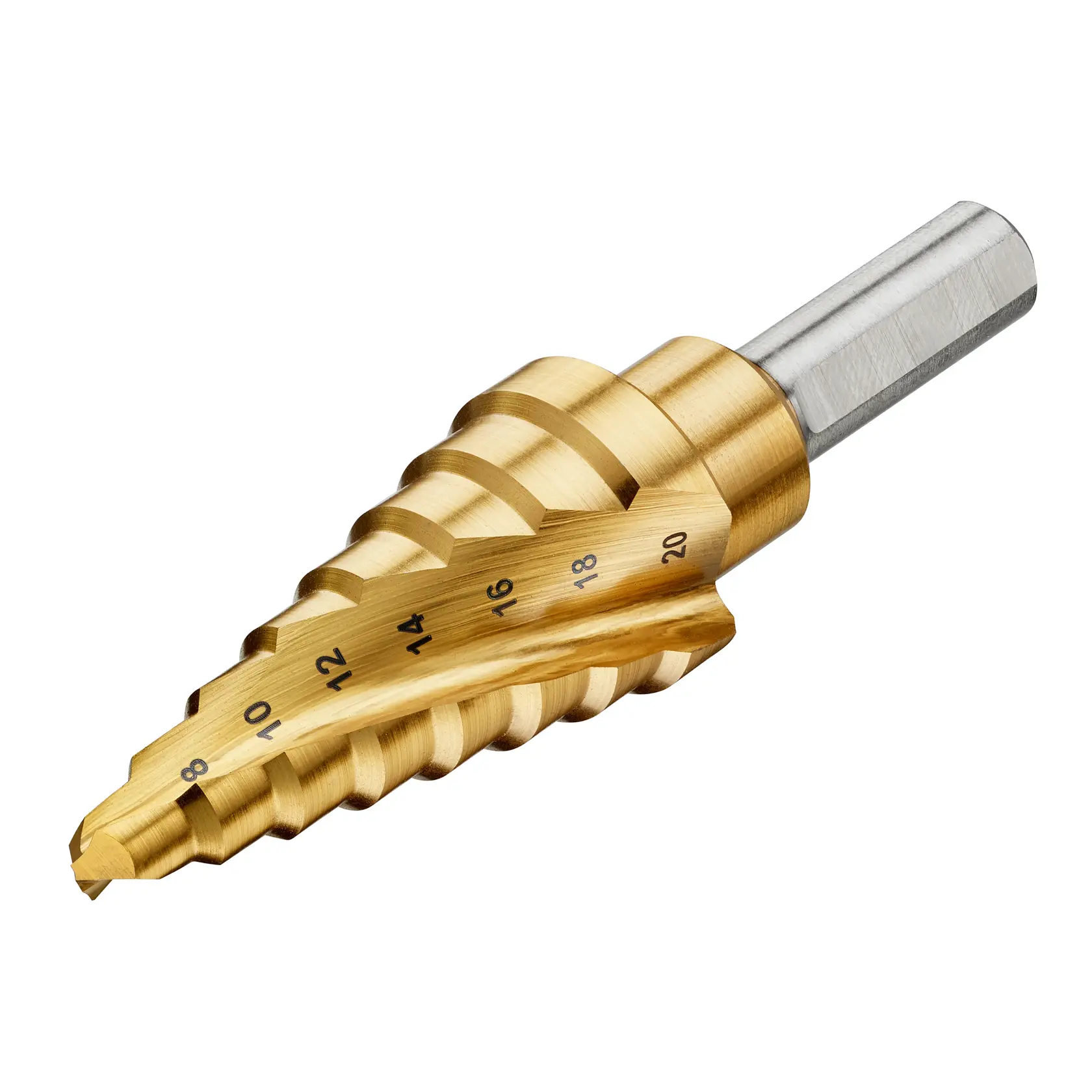 Gold DEWALT step drill bit with size markings, designed for precise hole drilling in metal.