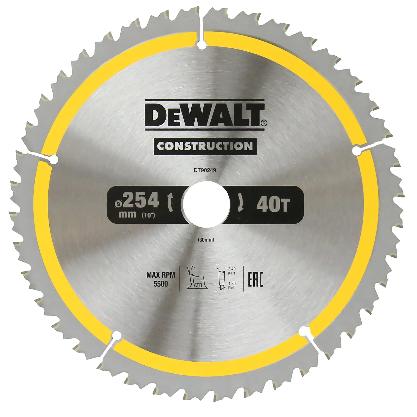 DEWALT DT90249 254mm circular saw blade with 40 teeth for construction, silver with yellow ring.