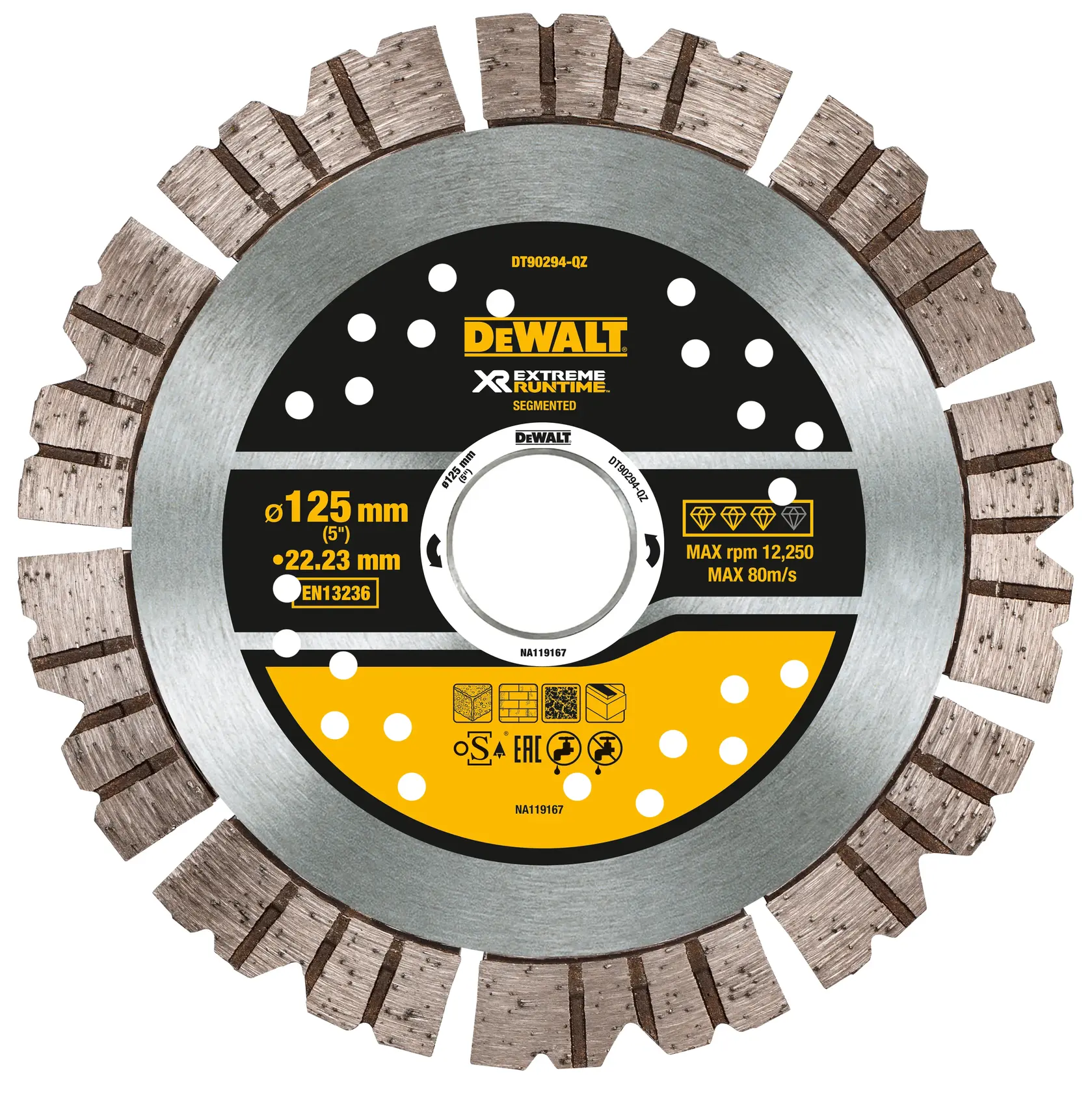 Photo of DEWALT segmented diamond blade DT90294, 125mm, black and yellow, shown from front on white background.