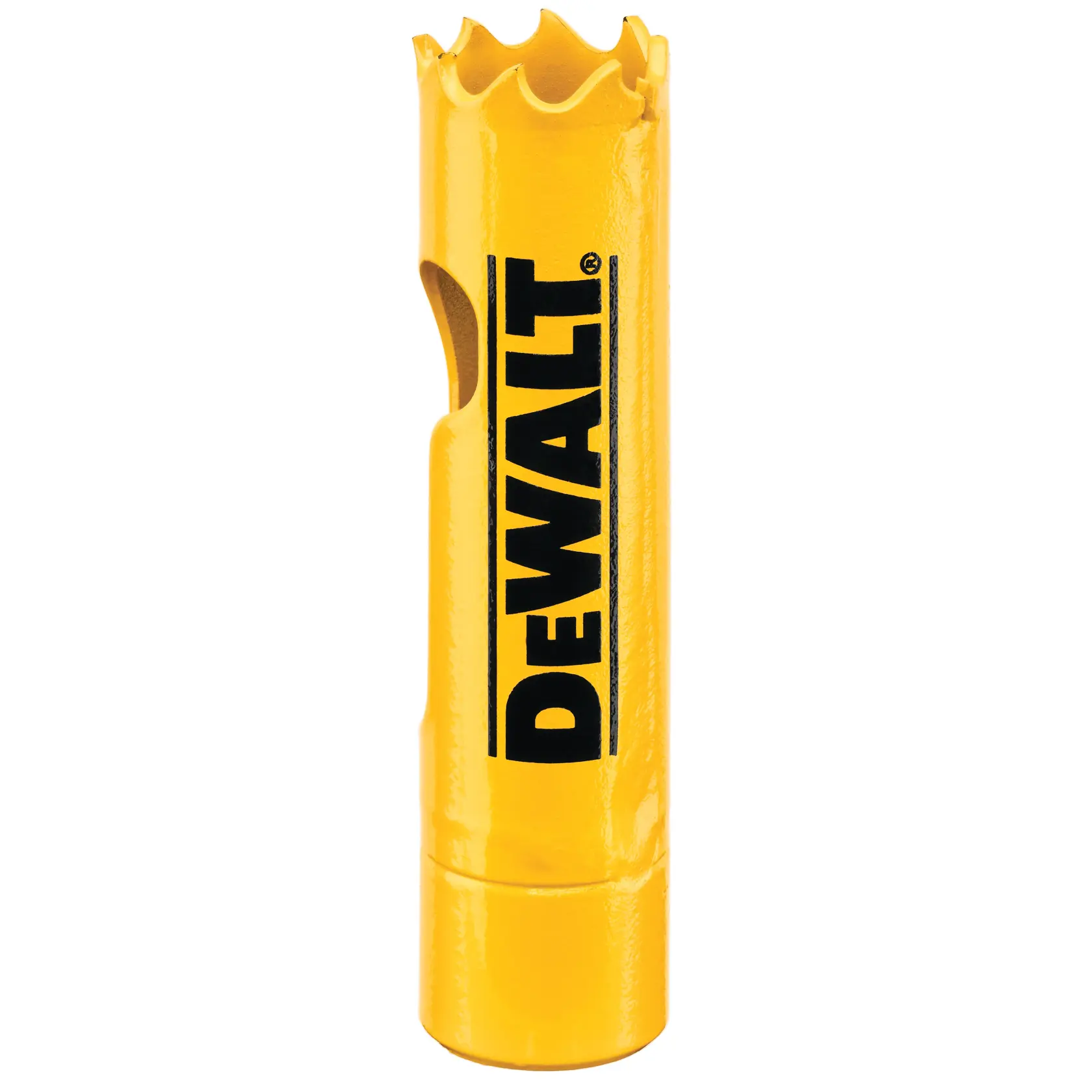 DEWALT yellow hole saw, DT90296 and DT90296-QZ SKUs, cylindrical with jagged edge.
