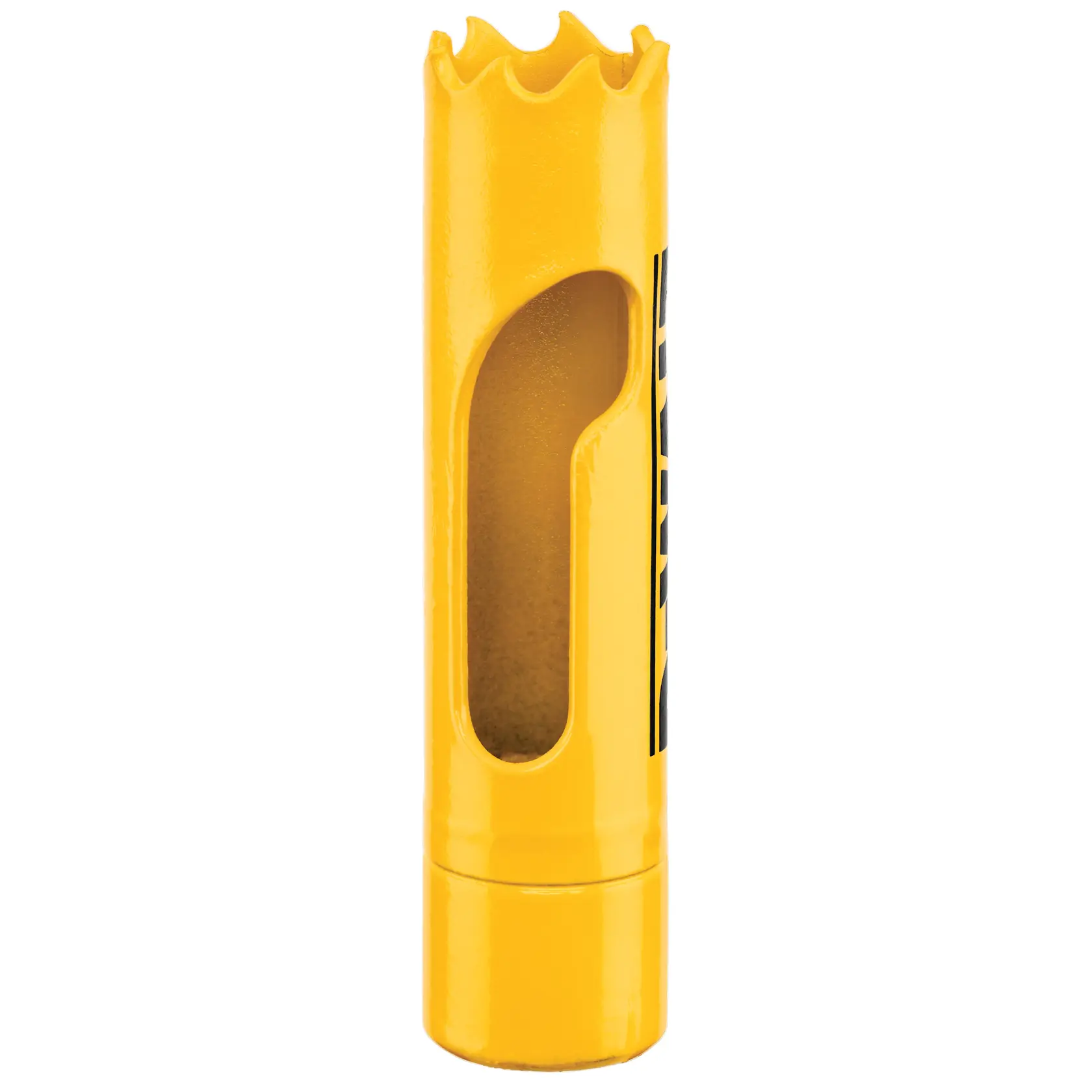 DEWALT yellow hole saw, DT90296, DT90296-QZ for photography. Cylindrical with open side, jagged top edge.