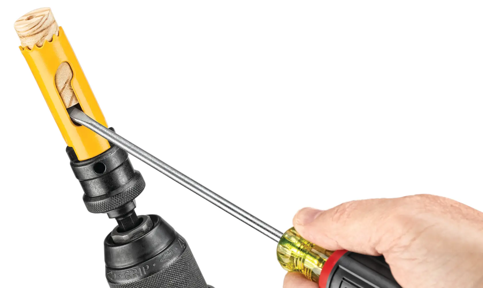 DEWALT DT90301, DT90301-QZ hole saw with wood removal and screwdriver. Photography product image.