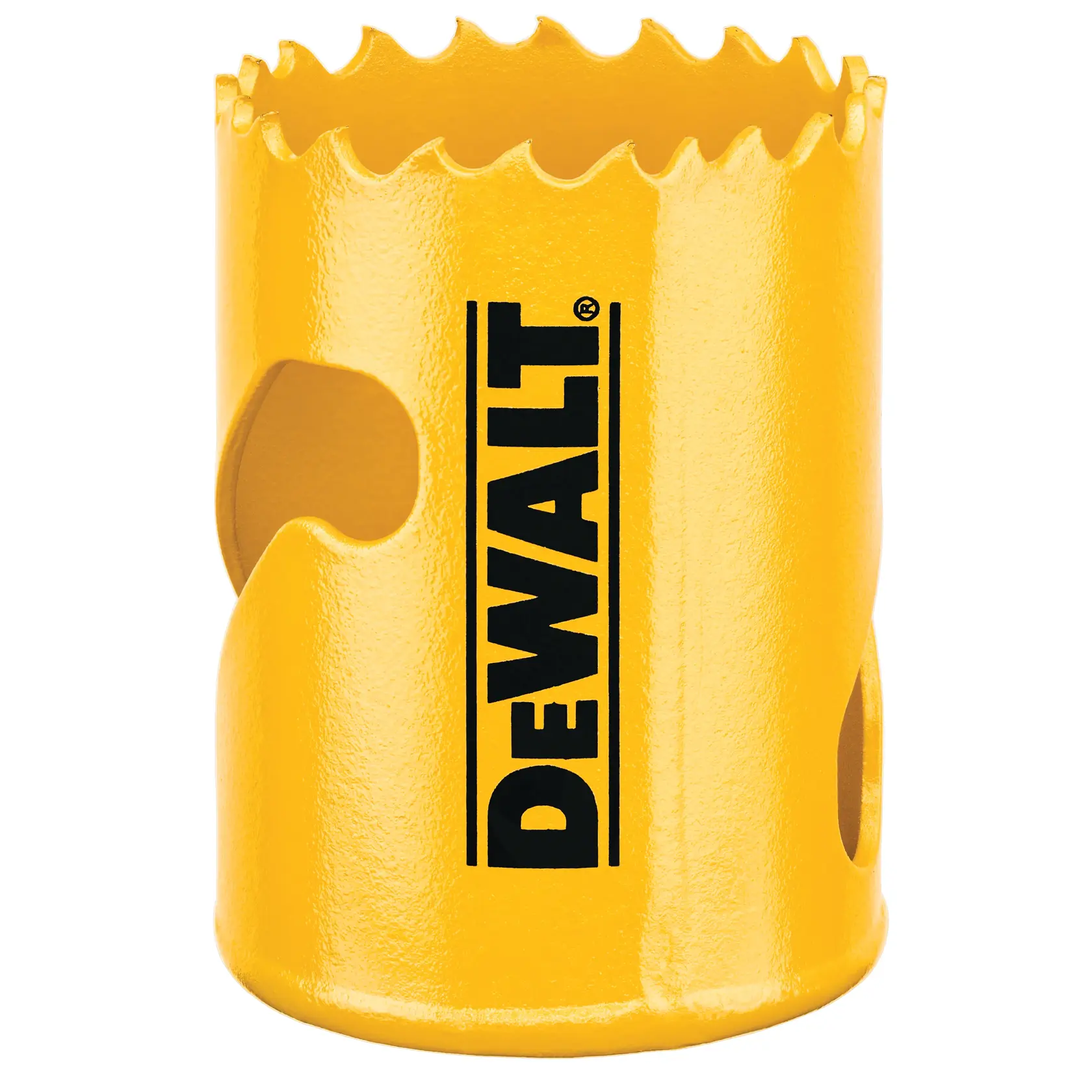 DEWALT hole saw DT90315, DT90315-QZ. Yellow tool with serrated edge for cutting. Product category: Photography.