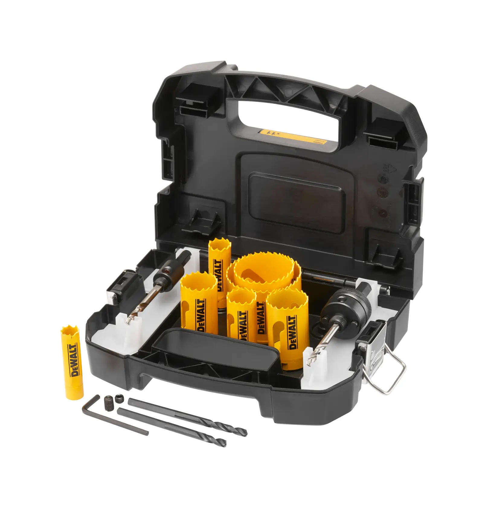DEWALT hole saw kit with yellow saws, case, and accessories, SKUs DT90354, DT90354-QZ, front angle photo.