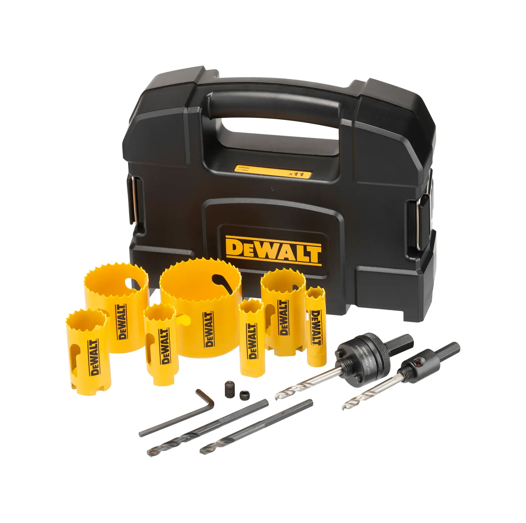 Photo of DEWALT hole saw kit with case, yellow saws, accessories. SKUs DT90354, DT90354-QZ. Front angle.