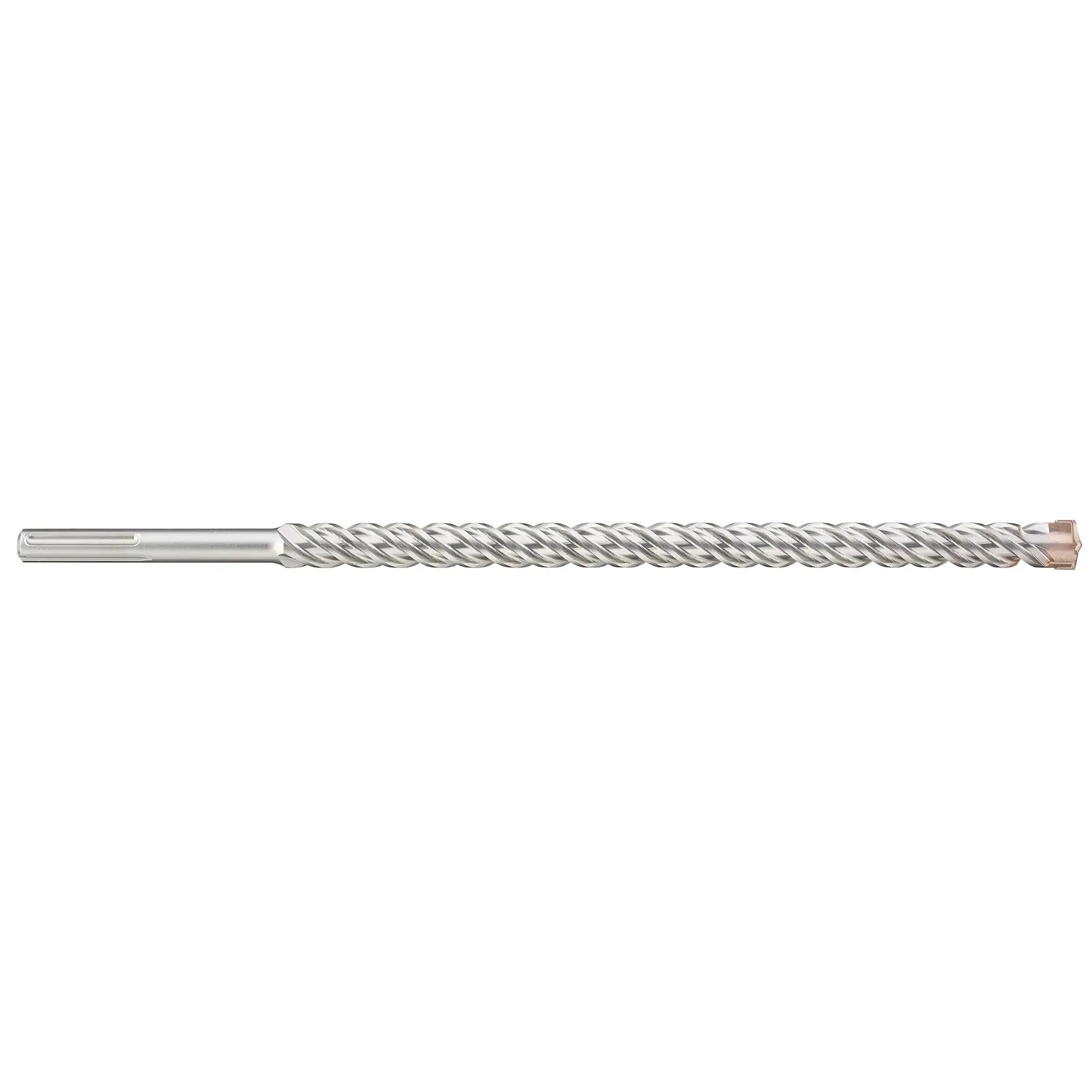 A long, spiral SDS drill bit for masonry or concrete, made of metal, shown horizontally on a white background.