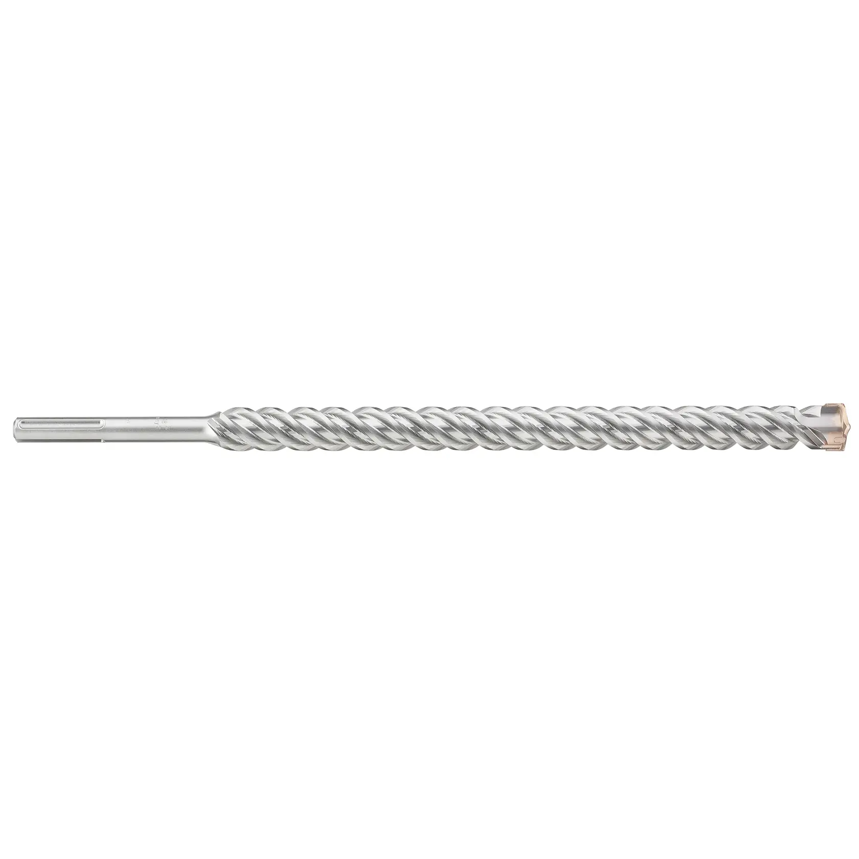 Long, silver masonry drill bit with spiral design and SDS shank, isolated on white background.