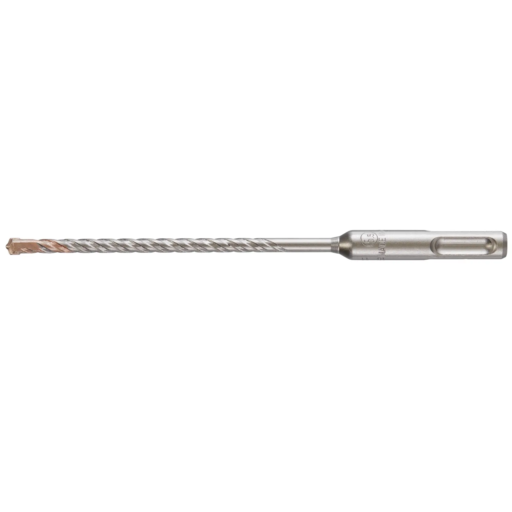 Photo of DEWALT DT9509 silver SDS drill bit with spiral flute on white background, product category: photography.