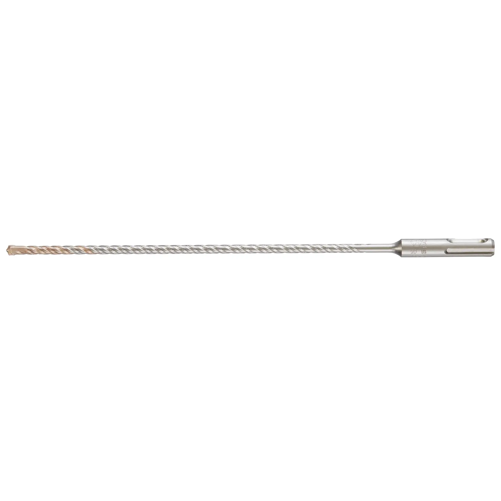 Photo of DEWALT DT9511 SDS drill bit, long silver spiral design, side view, tool accessory on white background.