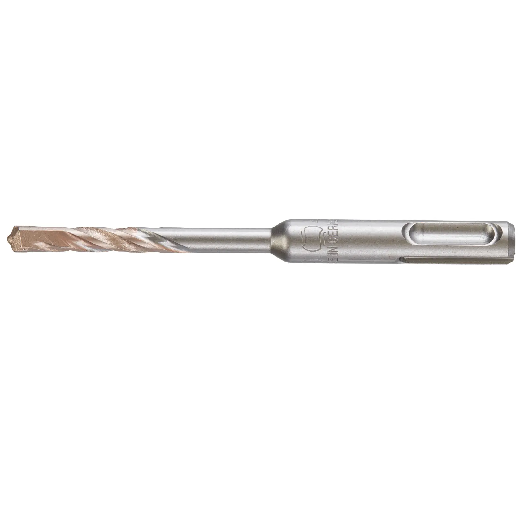 Photo of DEWALT DT9514 silver masonry drill bit, straight side view, white background.