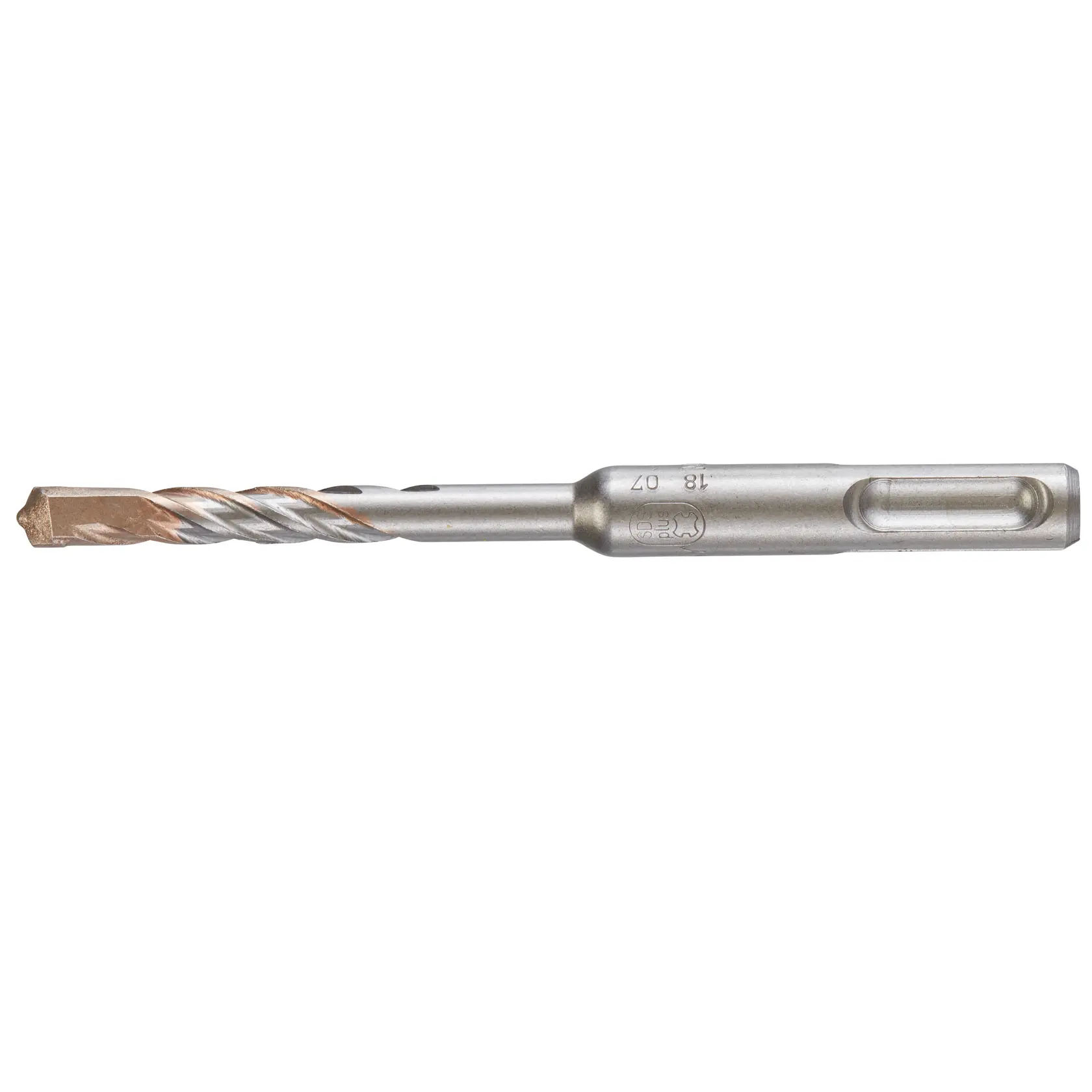 Photo of DEWALT DT9519 silver masonry drill bit, spiral fluted, side angle on white background.
