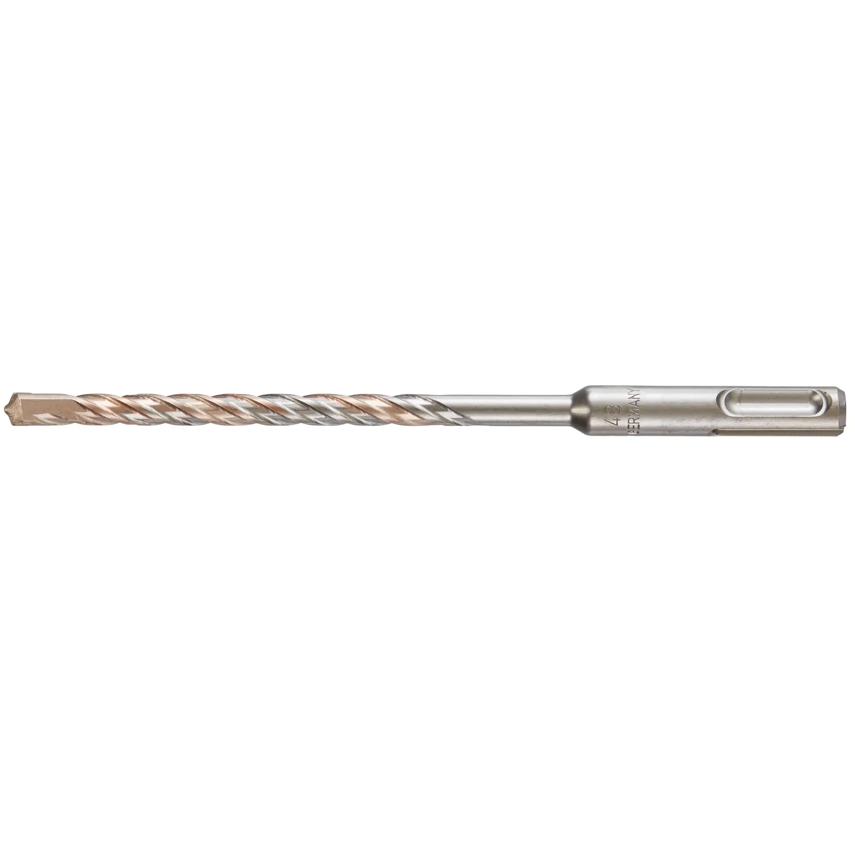 Photo of DEWALT DT9520 silver and copper SDS-plus drill bit, side view. Power tool accessory.