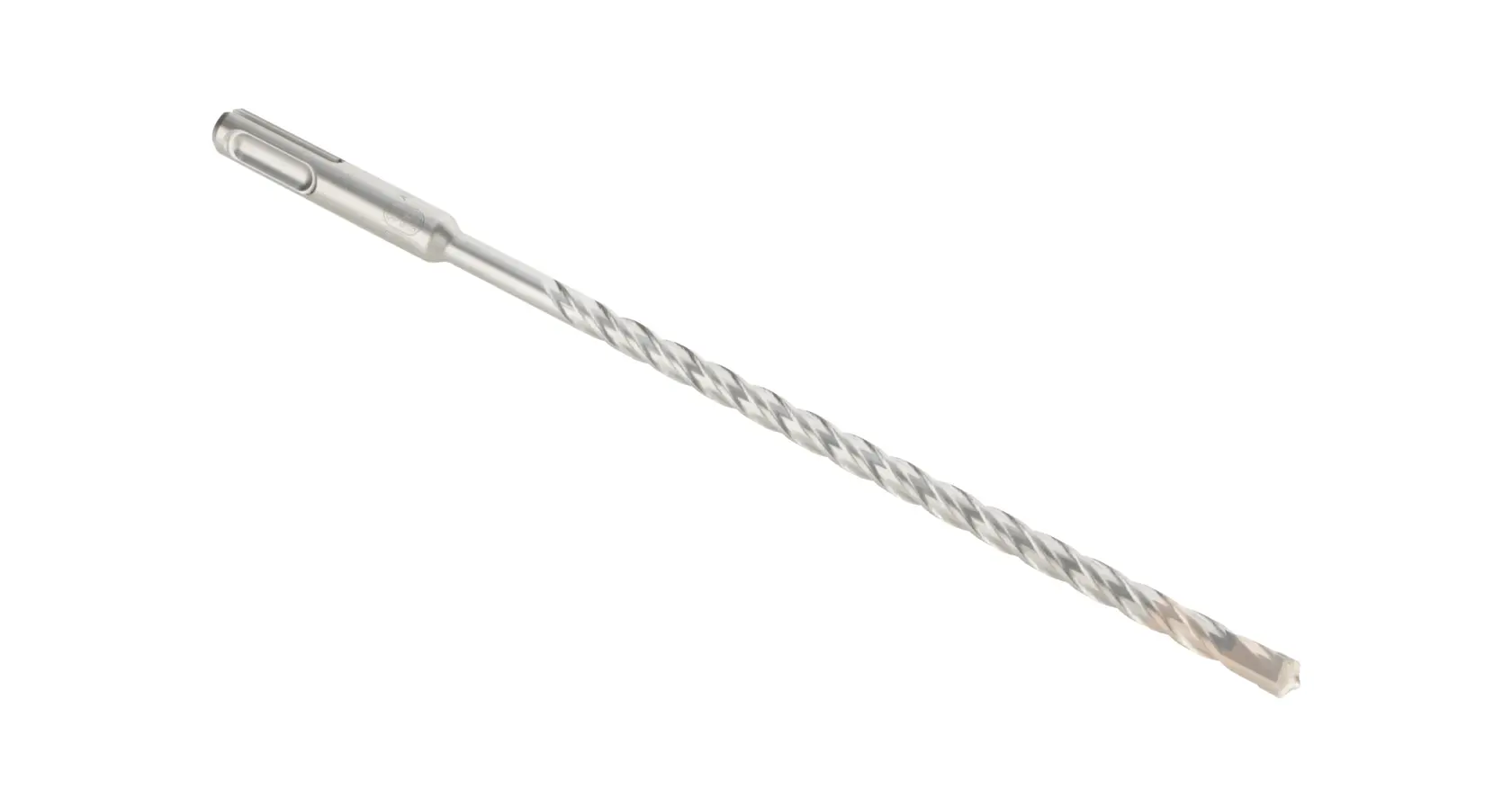 Photo of DEWALT DT9521 masonry drill bit, silver, spiral design, side angle on white background.