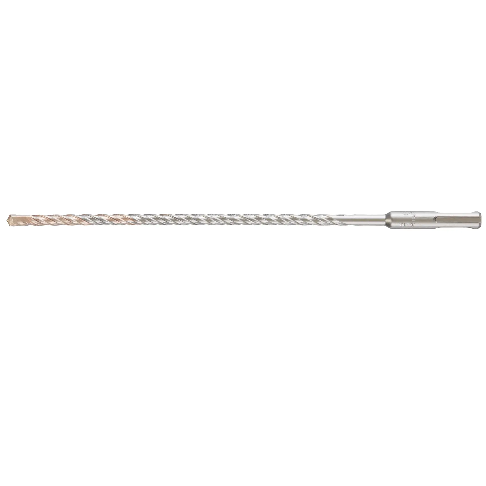 Photo of DEWALT DT9522 silver SDS-Plus masonry drill bit, side angle, long spiral flute design.