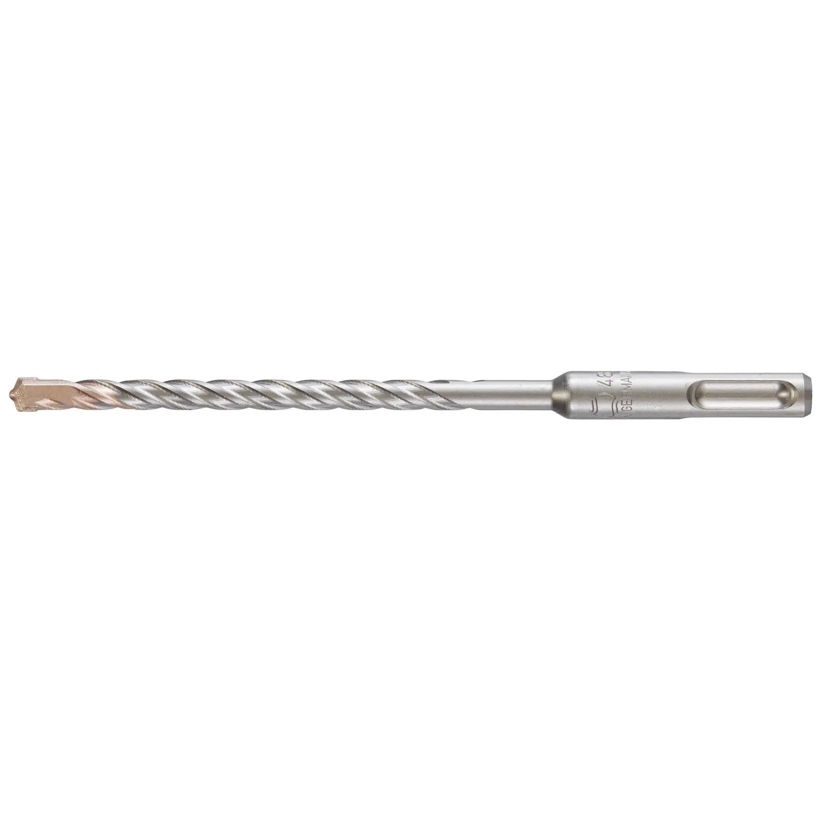 Photo of DEWALT DT9525 silver rotary hammer drill bit, spiral flute, side angle, plain background.