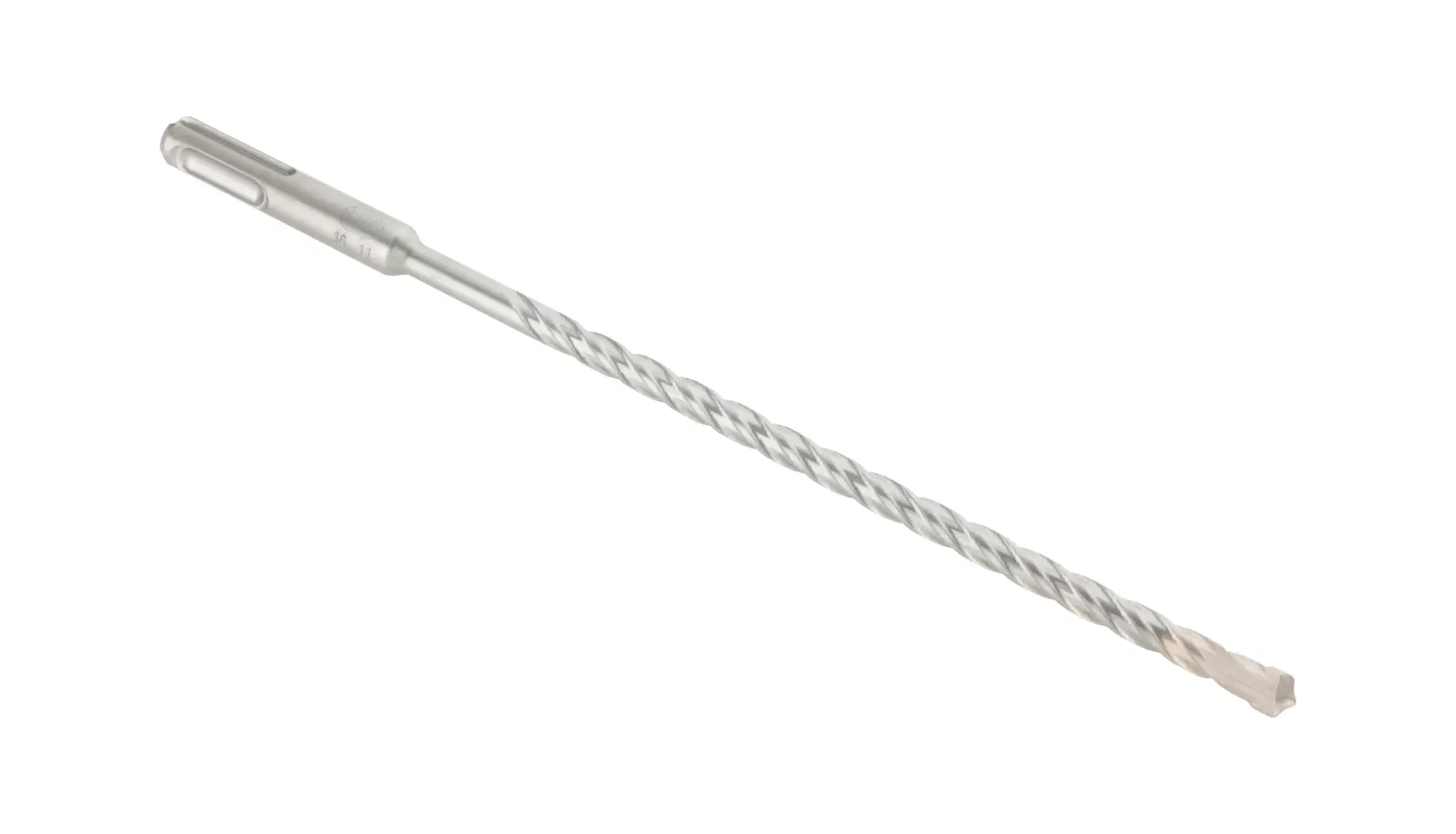 Photo of DEWALT DT9526 silver SDS-plus hammer drill bit, spiral design on white background, product angle view.