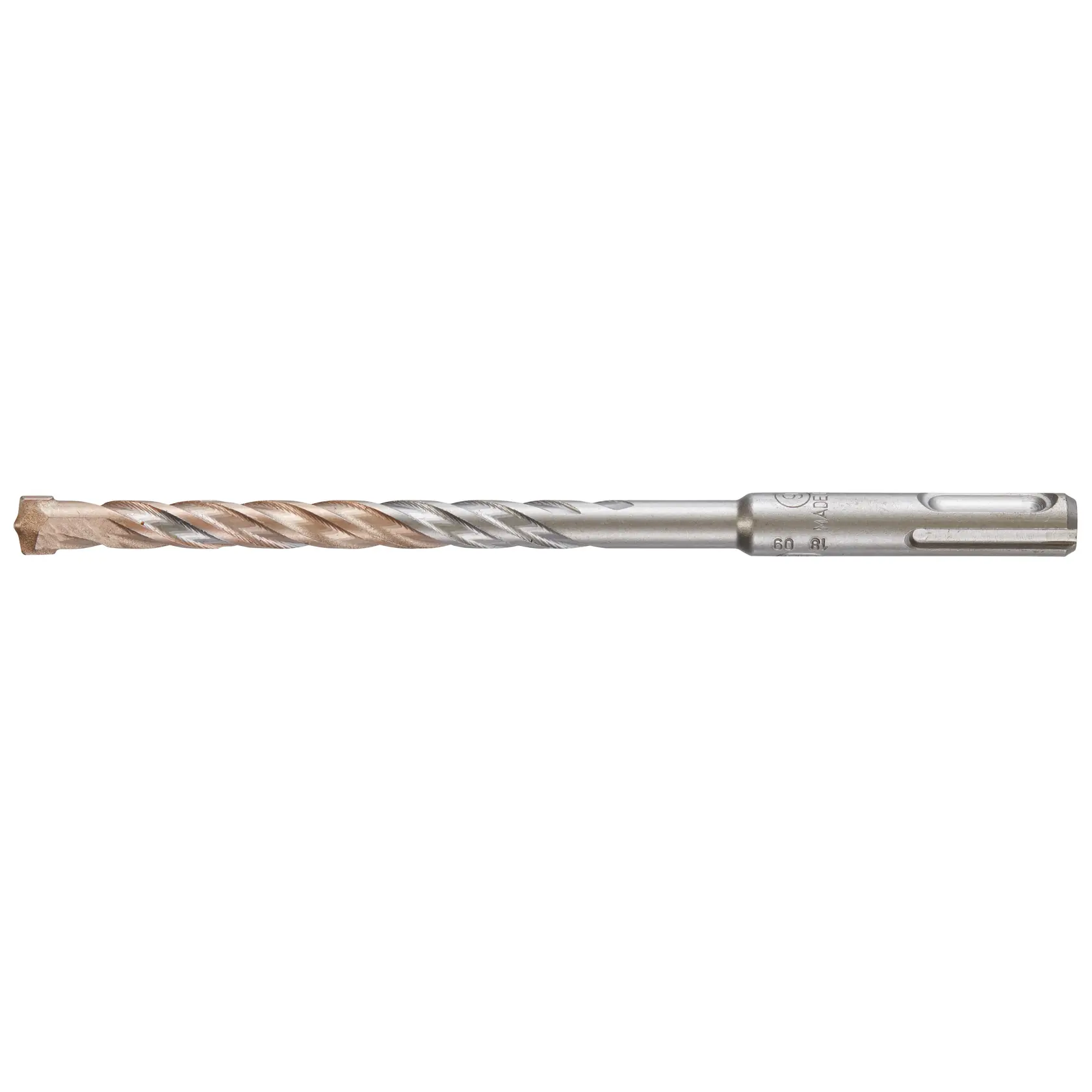 Photo of DEWALT DT9536 silver and gold SDS drill bit, straight side view, for power tools.