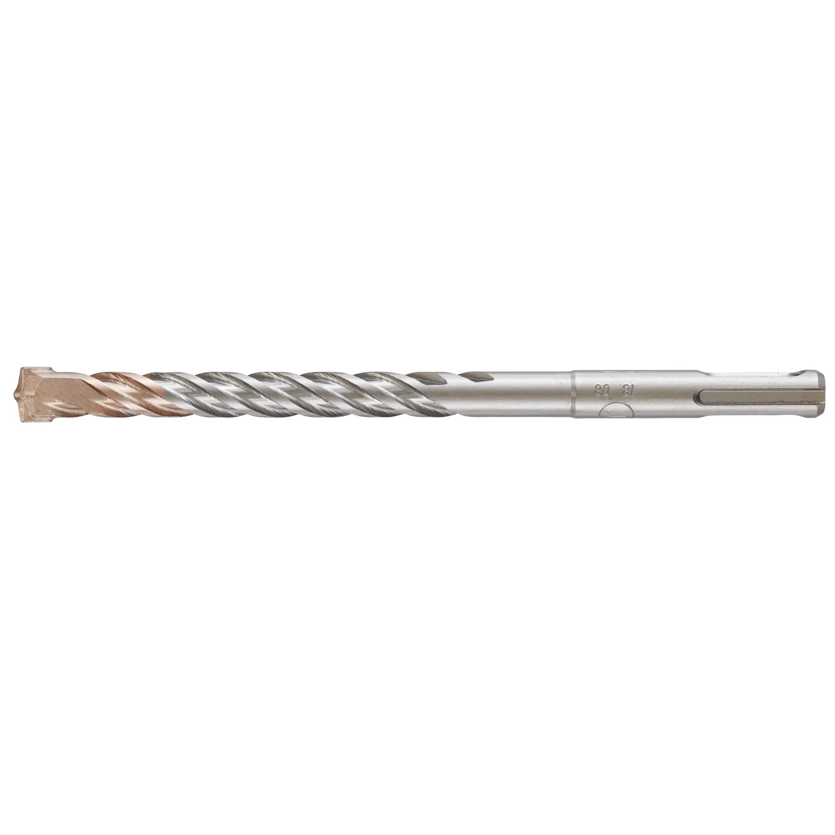 Photo of DEWALT DT9548 silver masonry drill bit with spiral fluting on white background.