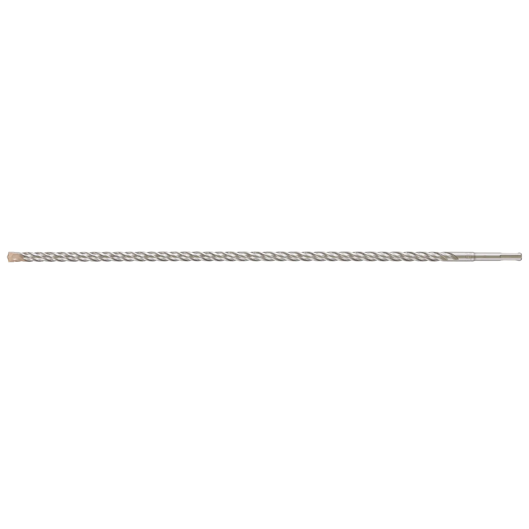 A long, silver DEWALT SDS drill bit with spiral grooves, shown isolated on a white background.