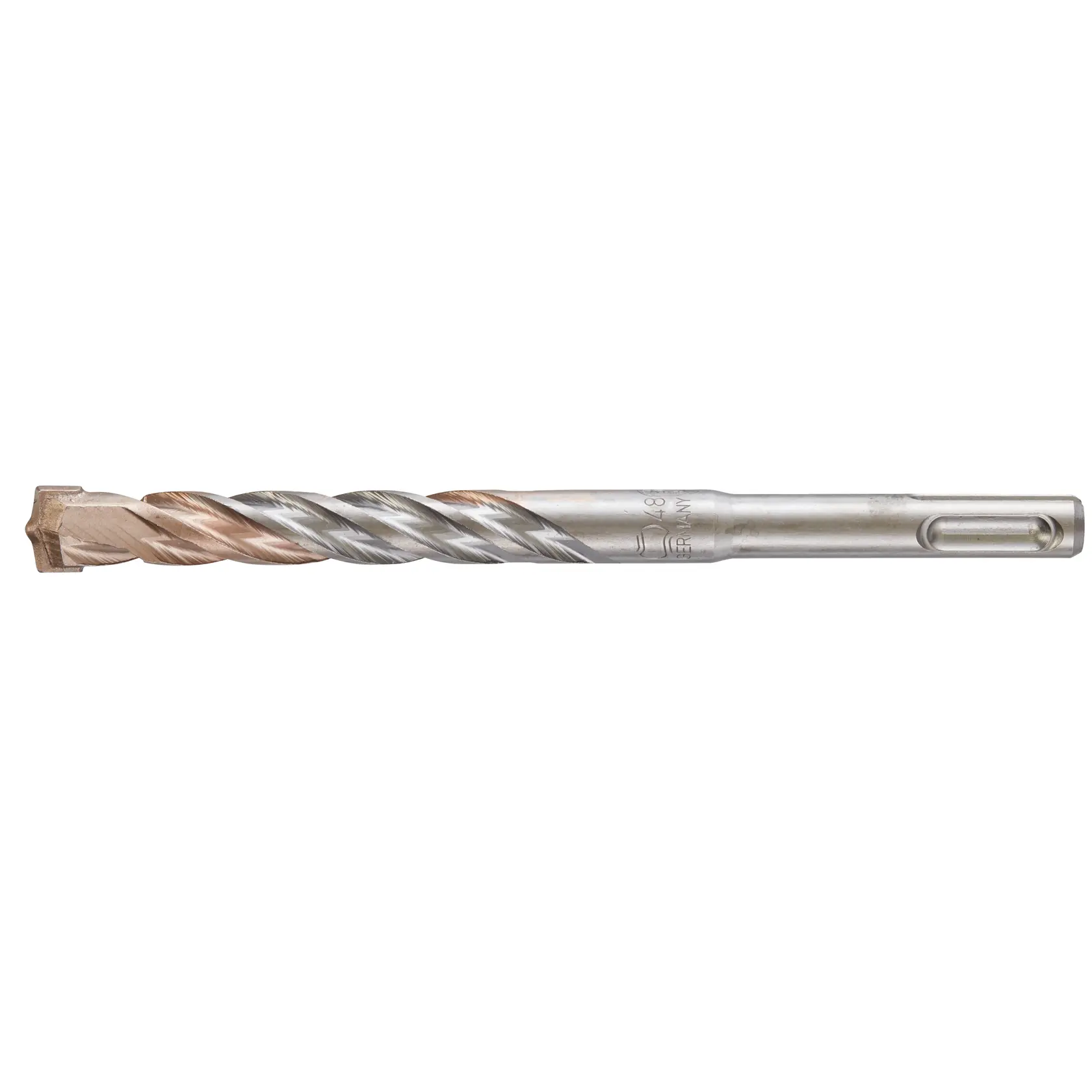 Photo of DEWALT DT9560 silver masonry drill bit, spiral flutes, side angle, on white background.