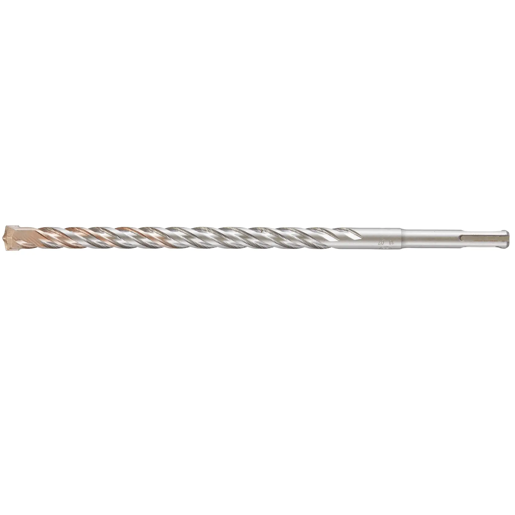 Photo of DEWALT SDS-plus rotary hammer drill bit, silver with spiral flute, SKU DT9562, side view.