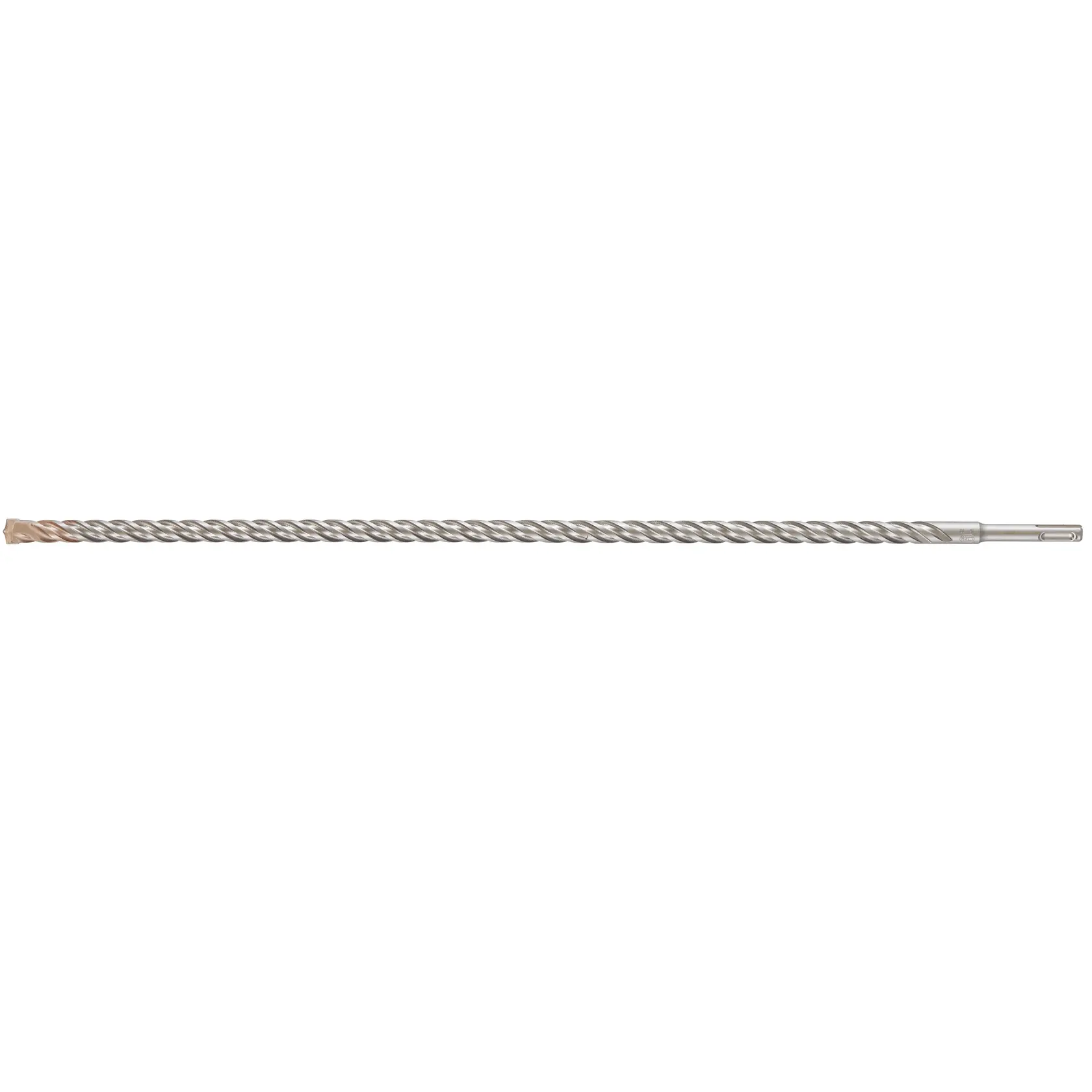 Photo of DEWALT DT9571 long silver masonry drill bit with spiral flutes, side view, on white background.