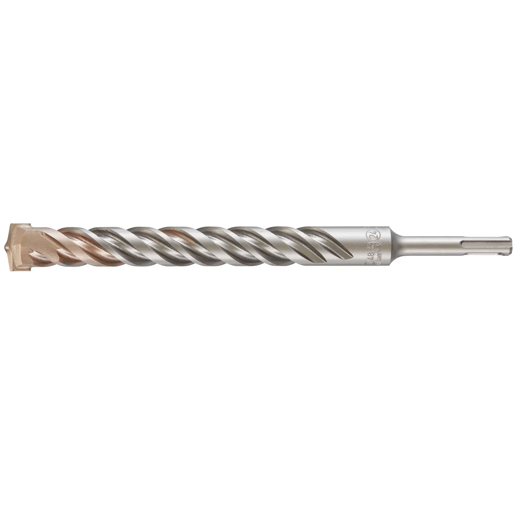 Photo of DEWALT DT9609 silver SDS-plus rotary hammer drill bit, side angle, spiral flute, masonry accessory.