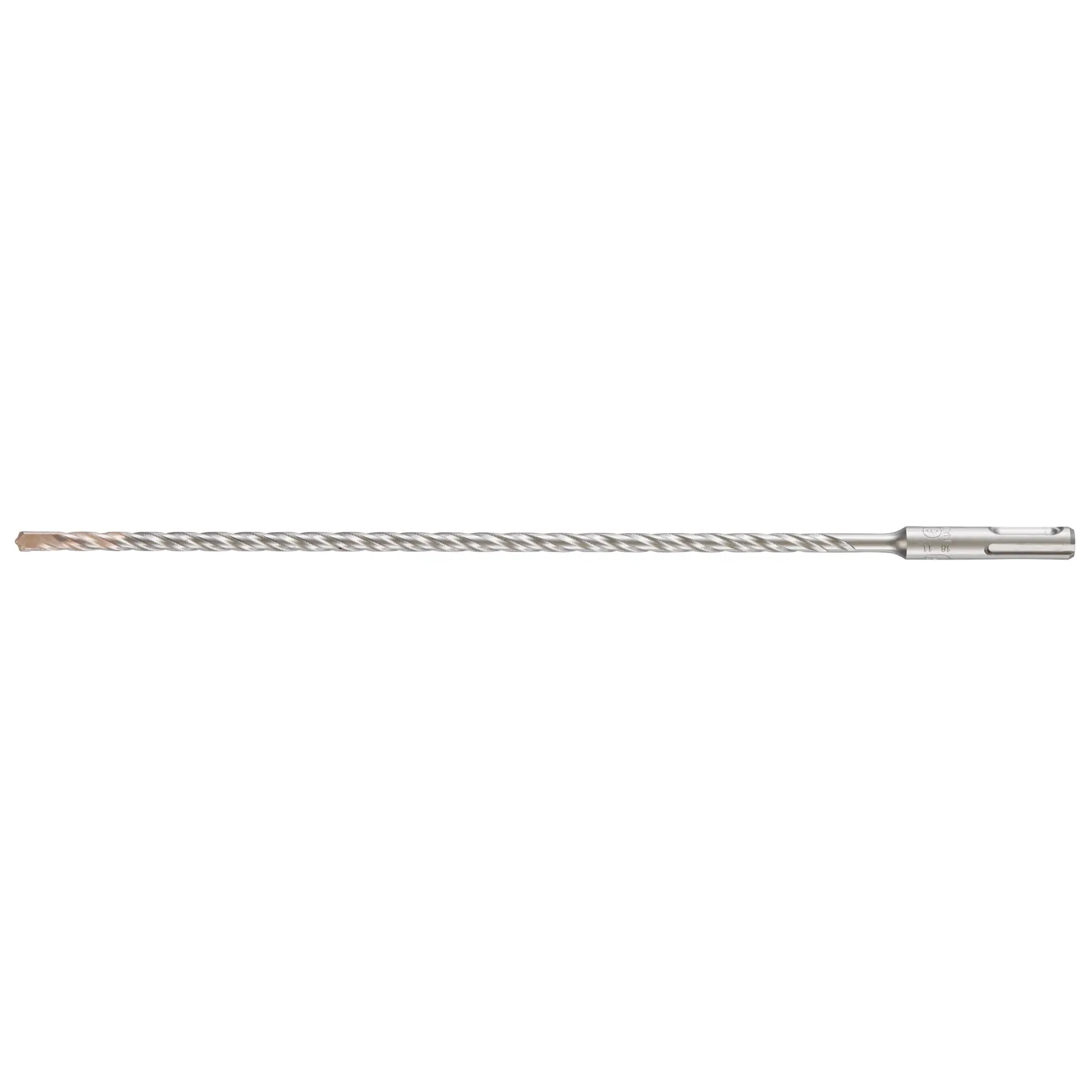 Photo of DEWALT DT9621 long silver masonry drill bit, spiral design, side angle, on white background.