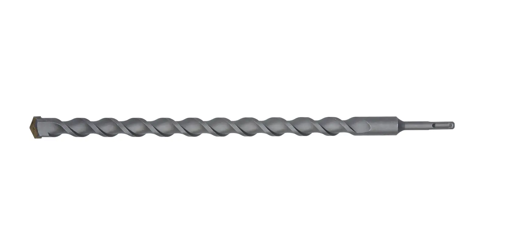 Long, spiral SDS drill bit for masonry or concrete. Grey finish with pointed tip and cylindrical shank.