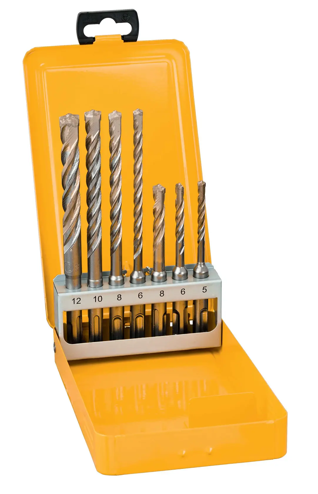 DEWALT drill bit set in yellow case, SKUs DT9701-QZ, DT9701, front angle, eight bits with size markings.