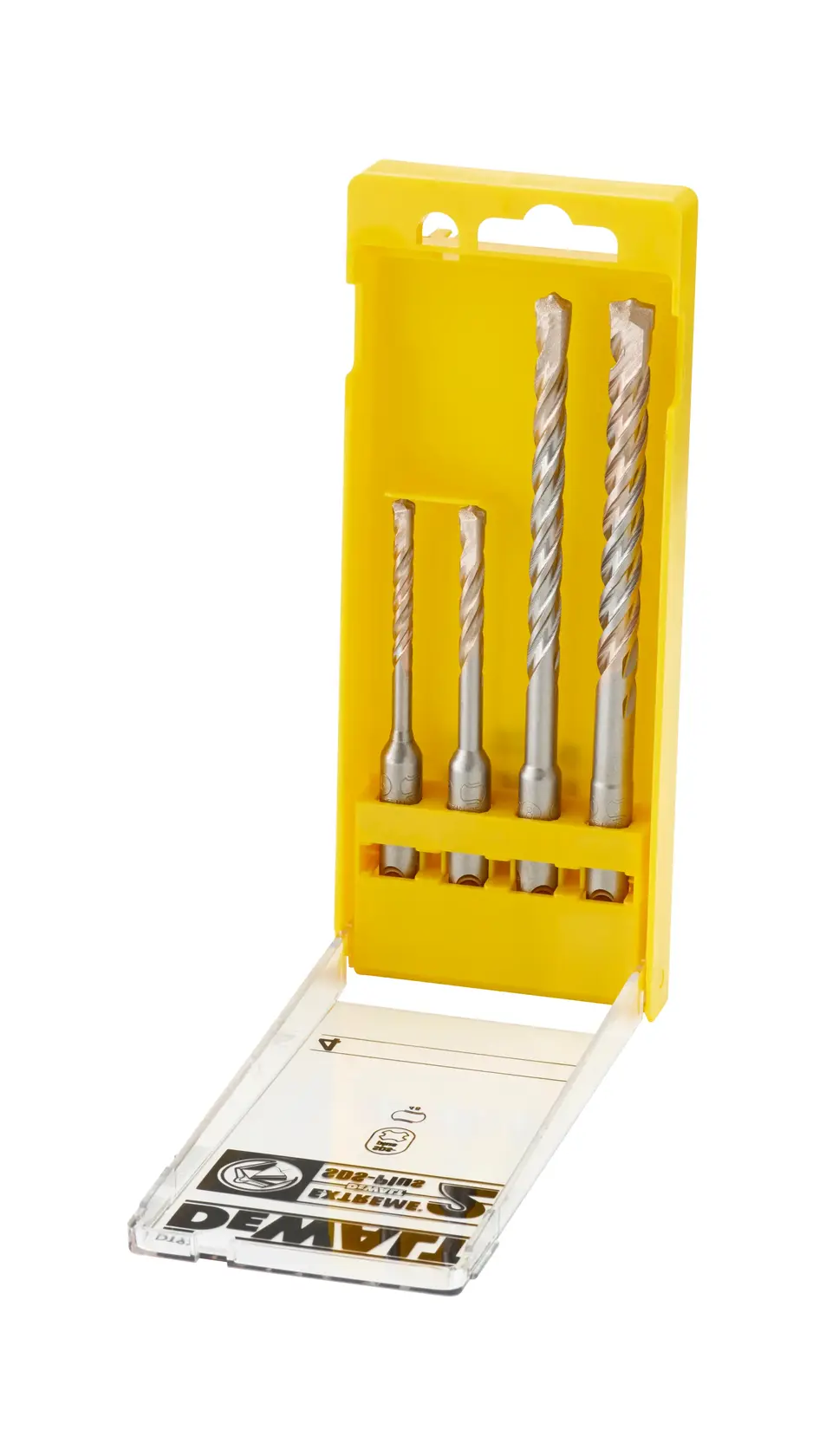 DEWALT drill bit set in yellow case, 4 pieces, SKUs DT9702, DT9702-QZ, front angle, white background.