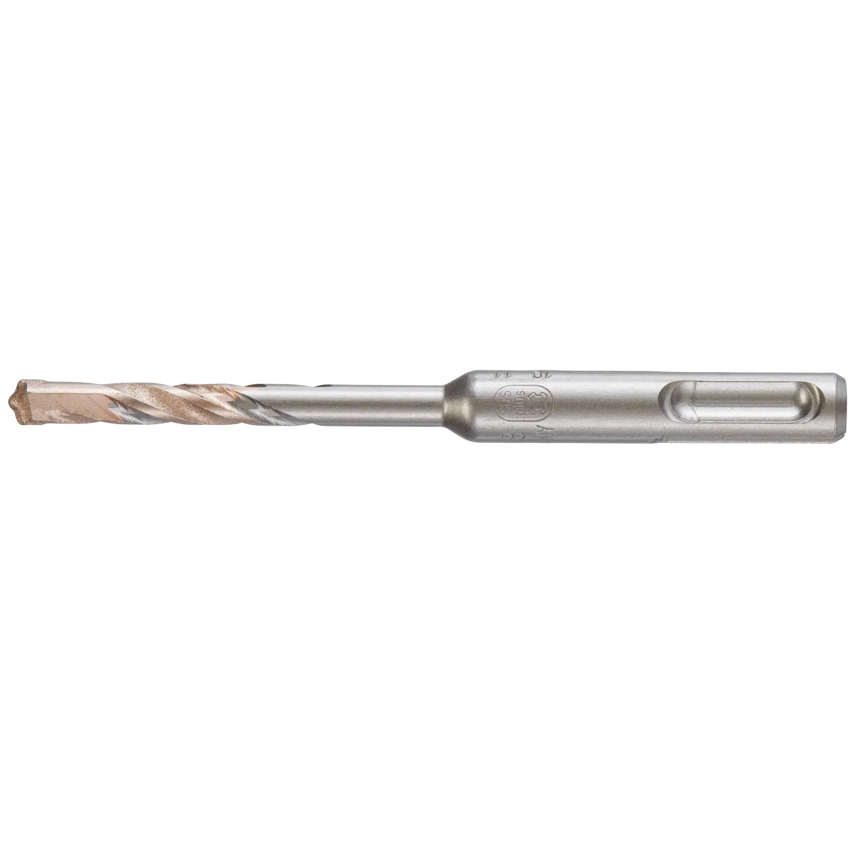 Metal SDS drill bit with spiral design and chiseled tip, used for masonry or concrete drilling.