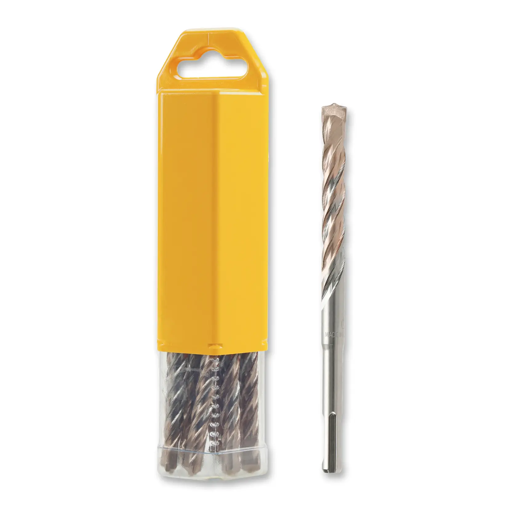 DEWALT drill bits in a yellow plastic case, with one bit shown outside beside the case.
