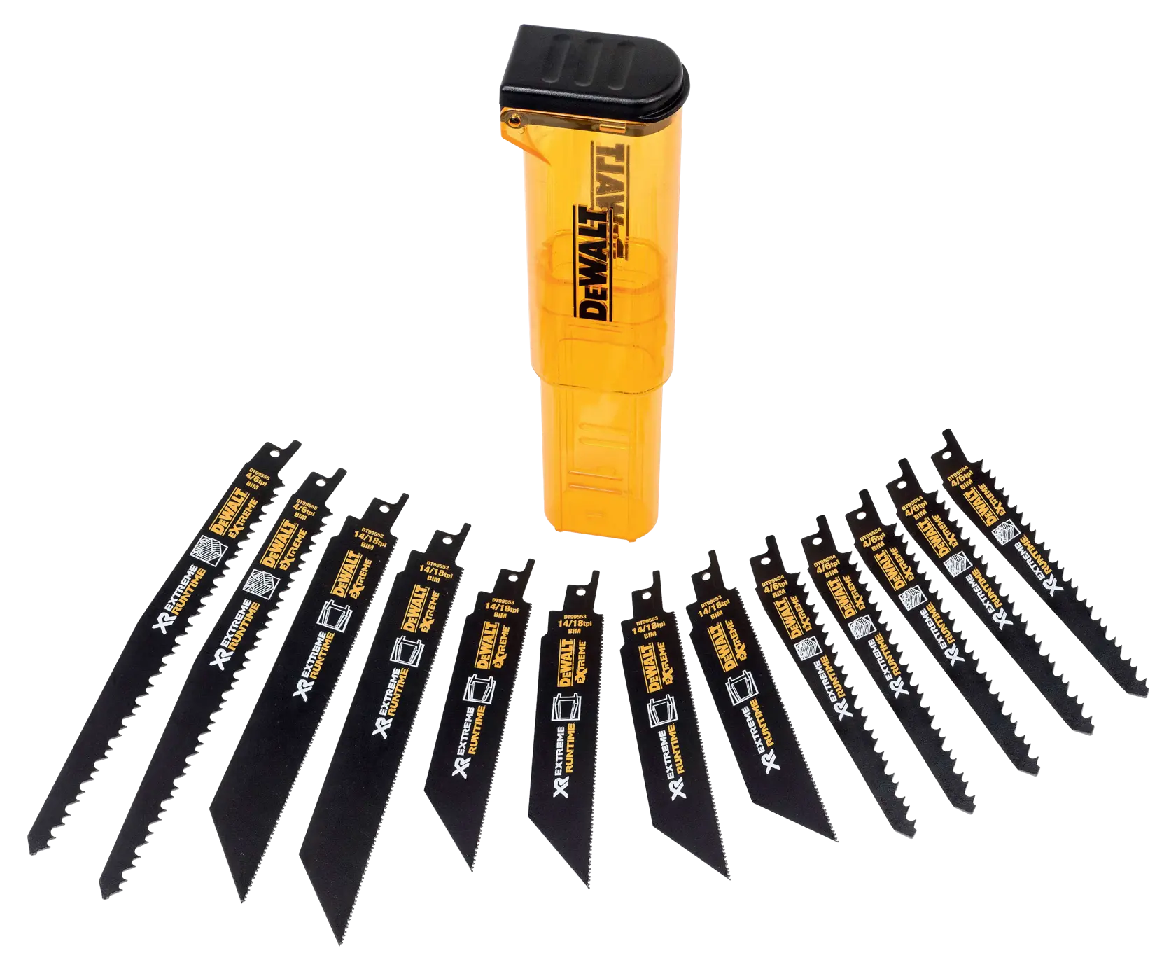 DEWALT set with 13 black reciprocating saw blades and yellow storage case, displayed in a row.