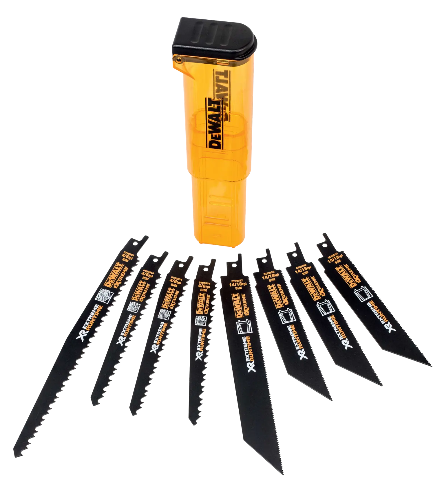 DEWALT DT99551 set with 8 black saw blades and a yellow storage case for reciprocating saws.
