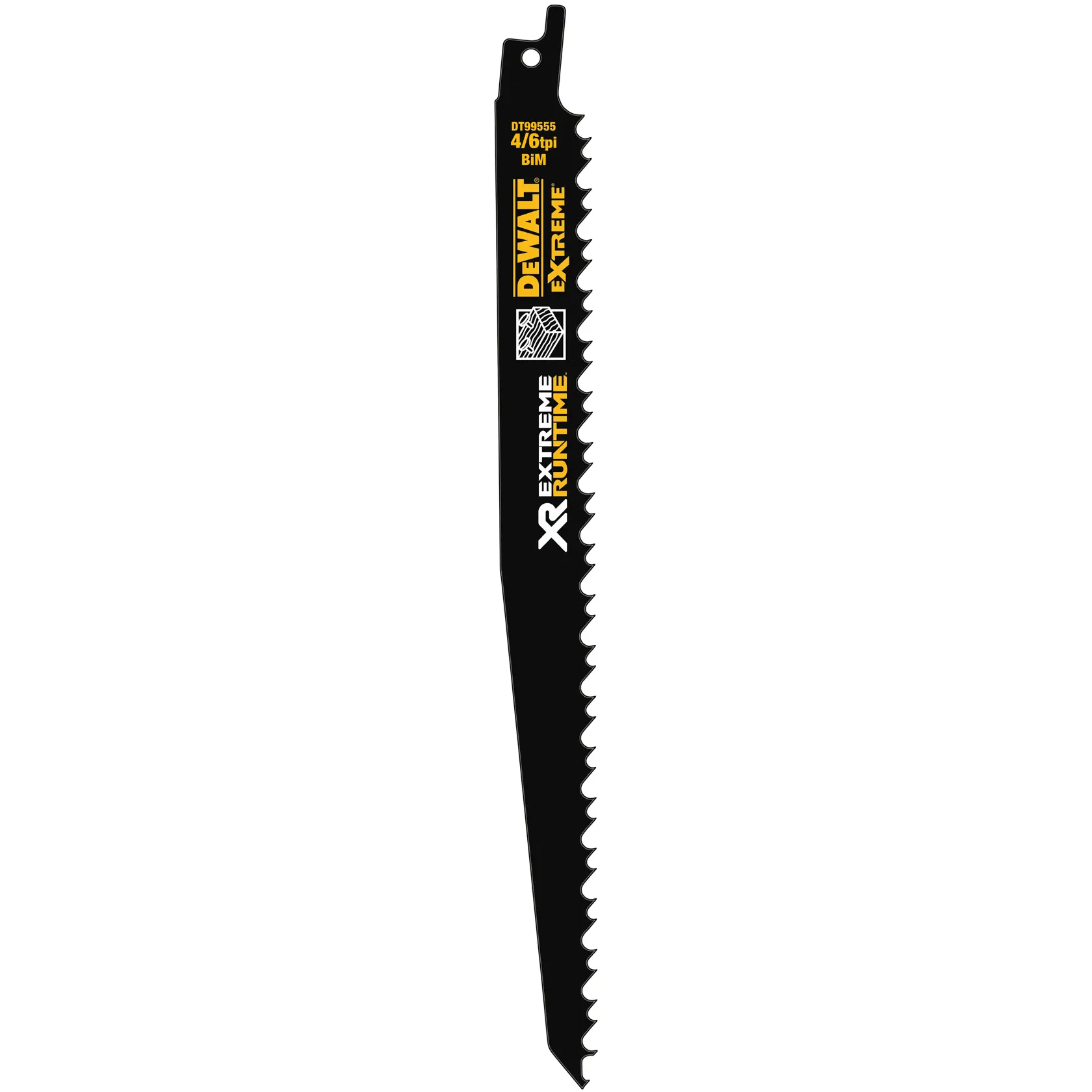 DEWALT DT99554 black XR Extreme Runtime reciprocating saw blade for cutting, with sharp teeth.