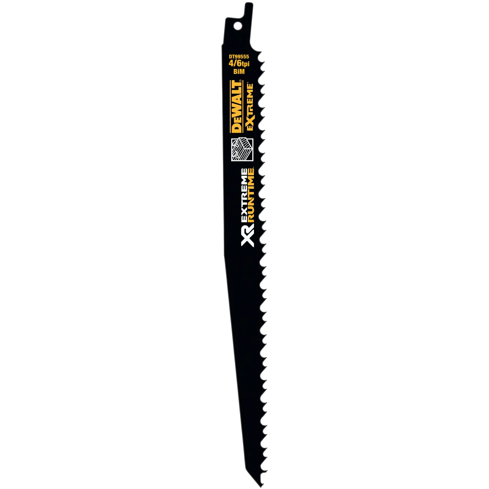 DEWALT DT99555 black reciprocating saw blade with large teeth, vertical angle, XR Extreme Runtime branding.