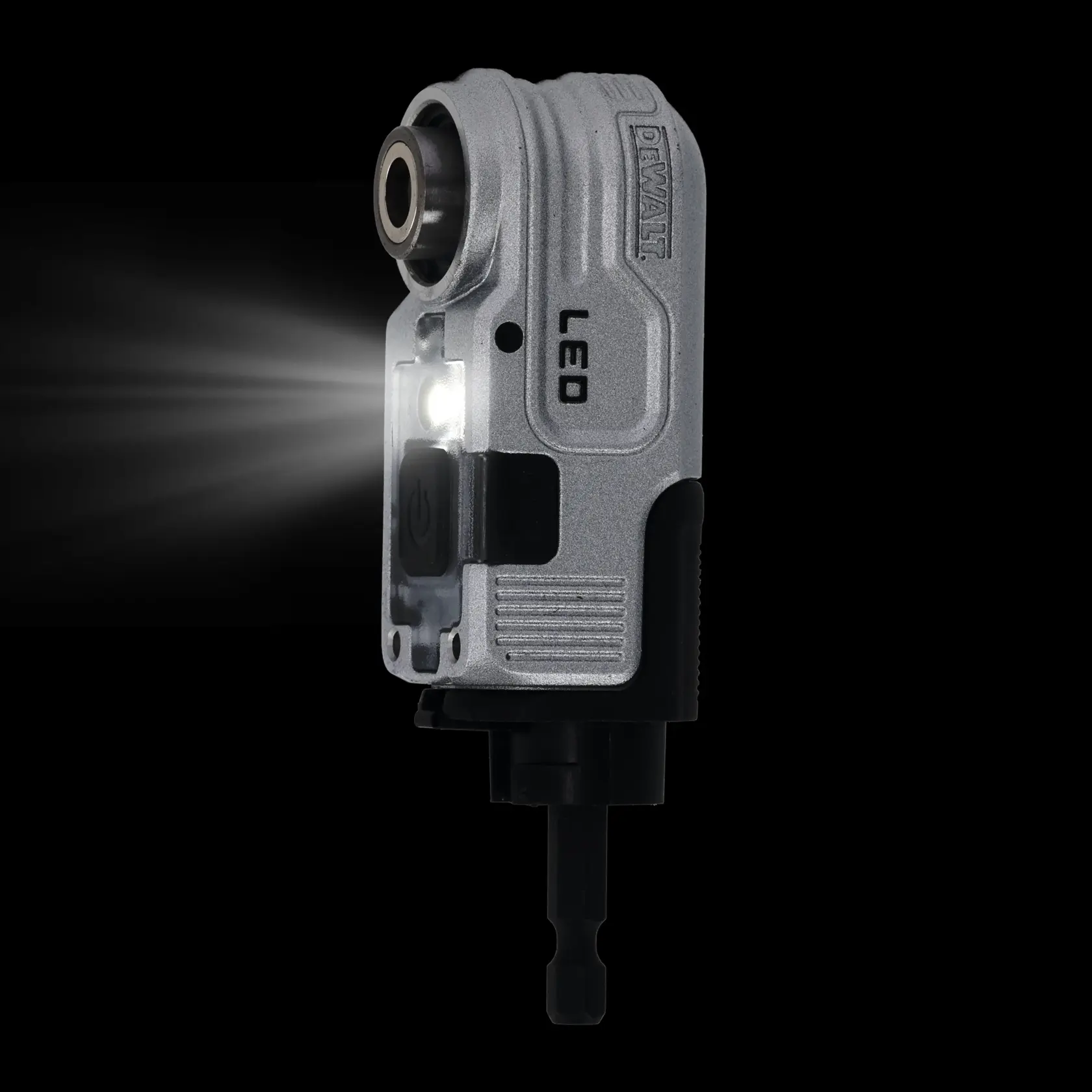DEWALT LED Winkelbohraufsatz mit Metallgehäuse und Bit-Halter, auf weißem Hintergrund fotografiert.