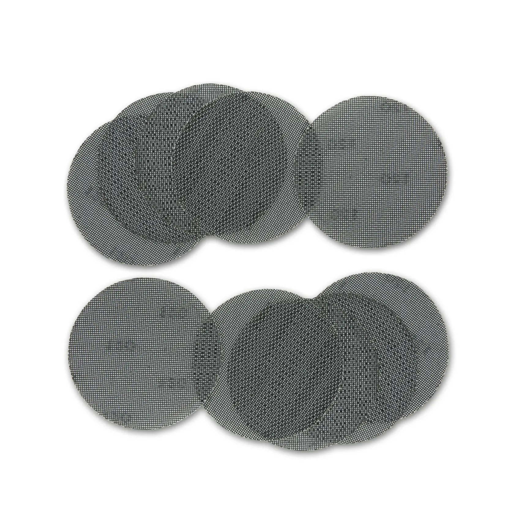 Two sets of round mesh sanding discs are arranged overlapping on a white background.