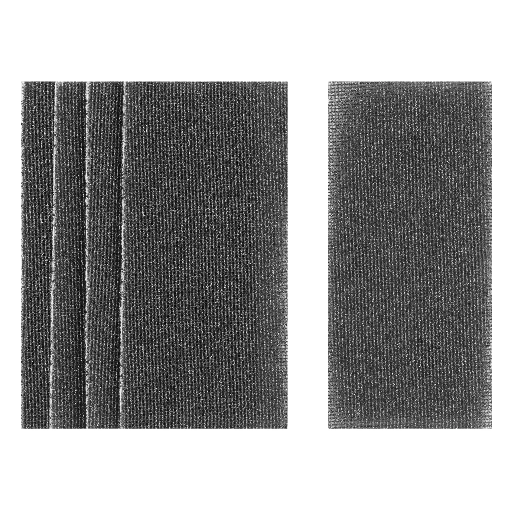 Black rectangular sanding mesh sheets arranged in two stacks for DEWALT DTM8656 photography product.