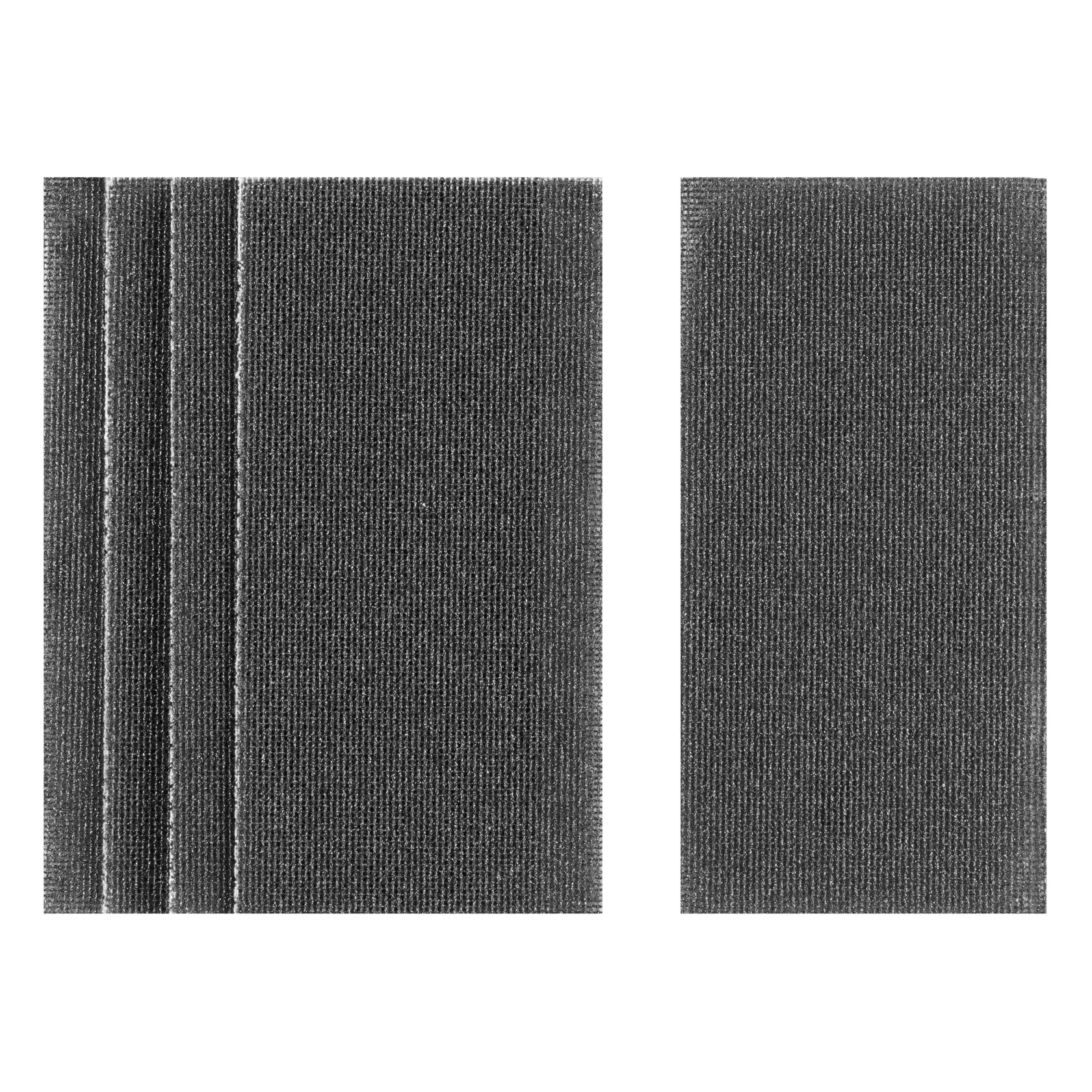 Set of rectangular black sanding sheets, textured surface shown. Four stacked, one single sheet beside.