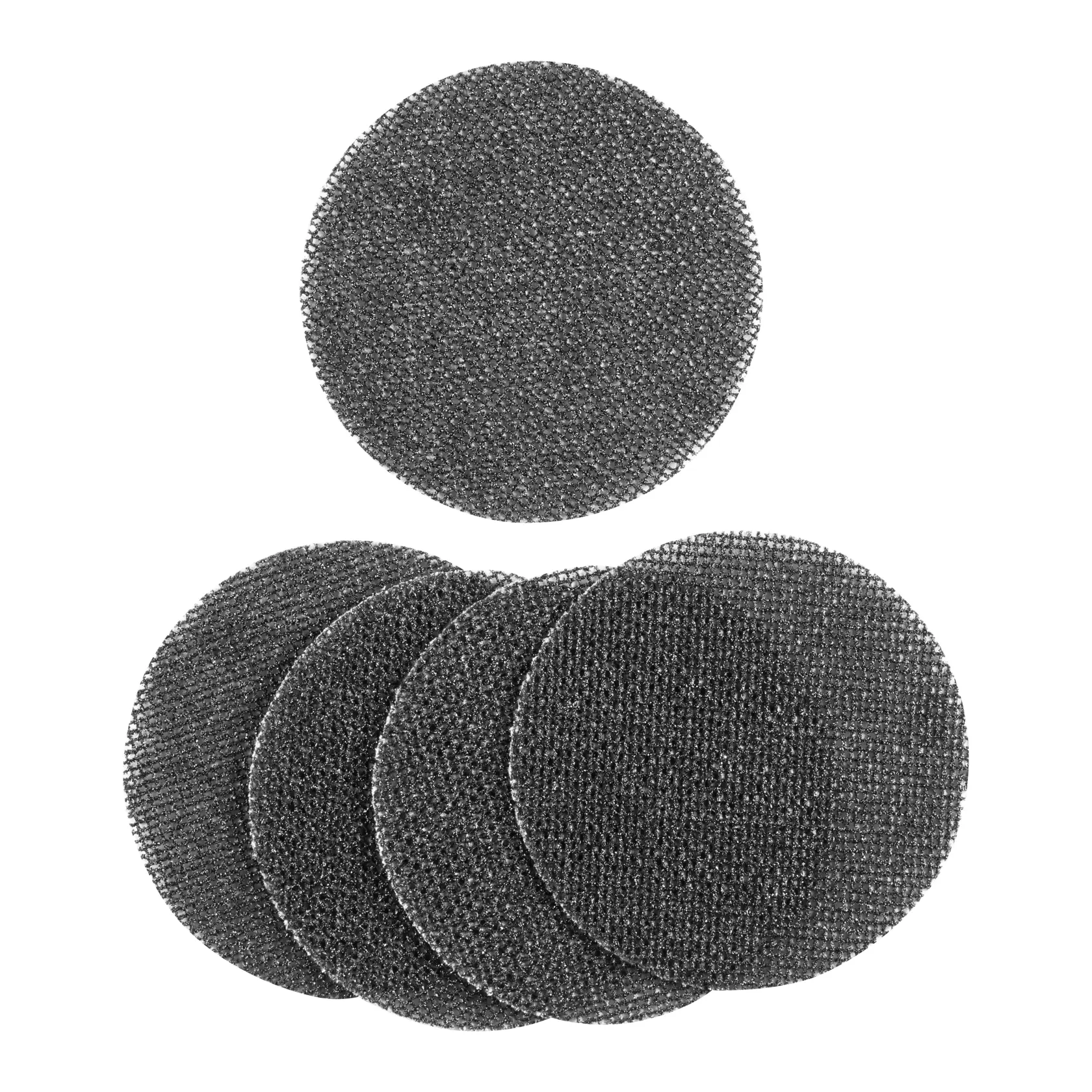 Five round black sanding mesh discs for surface finishing, arranged on a white background.