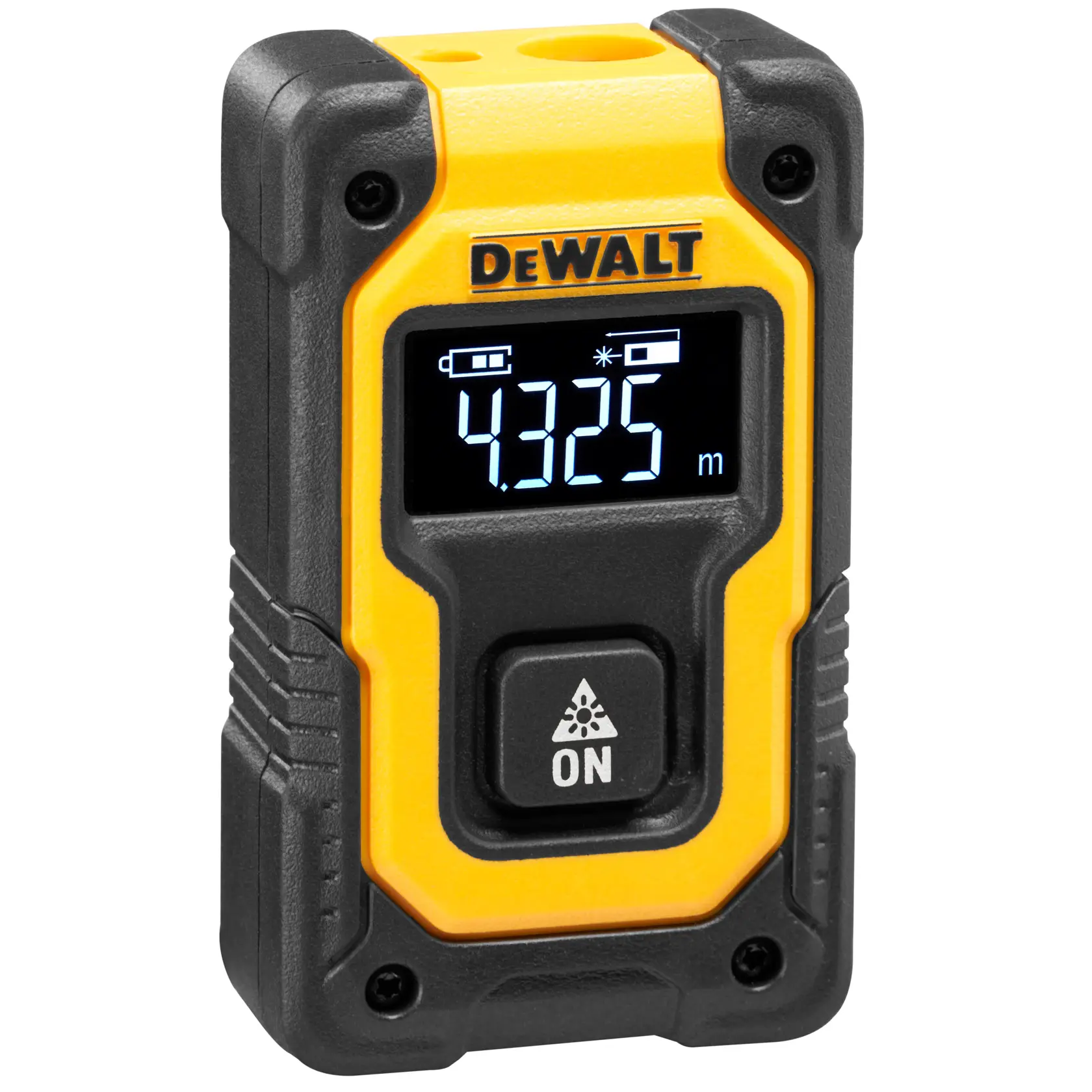 A DEWALT DW055PL compact laser distance measurer in yellow and black, shown with a USB charging cable and a wrist strap.
