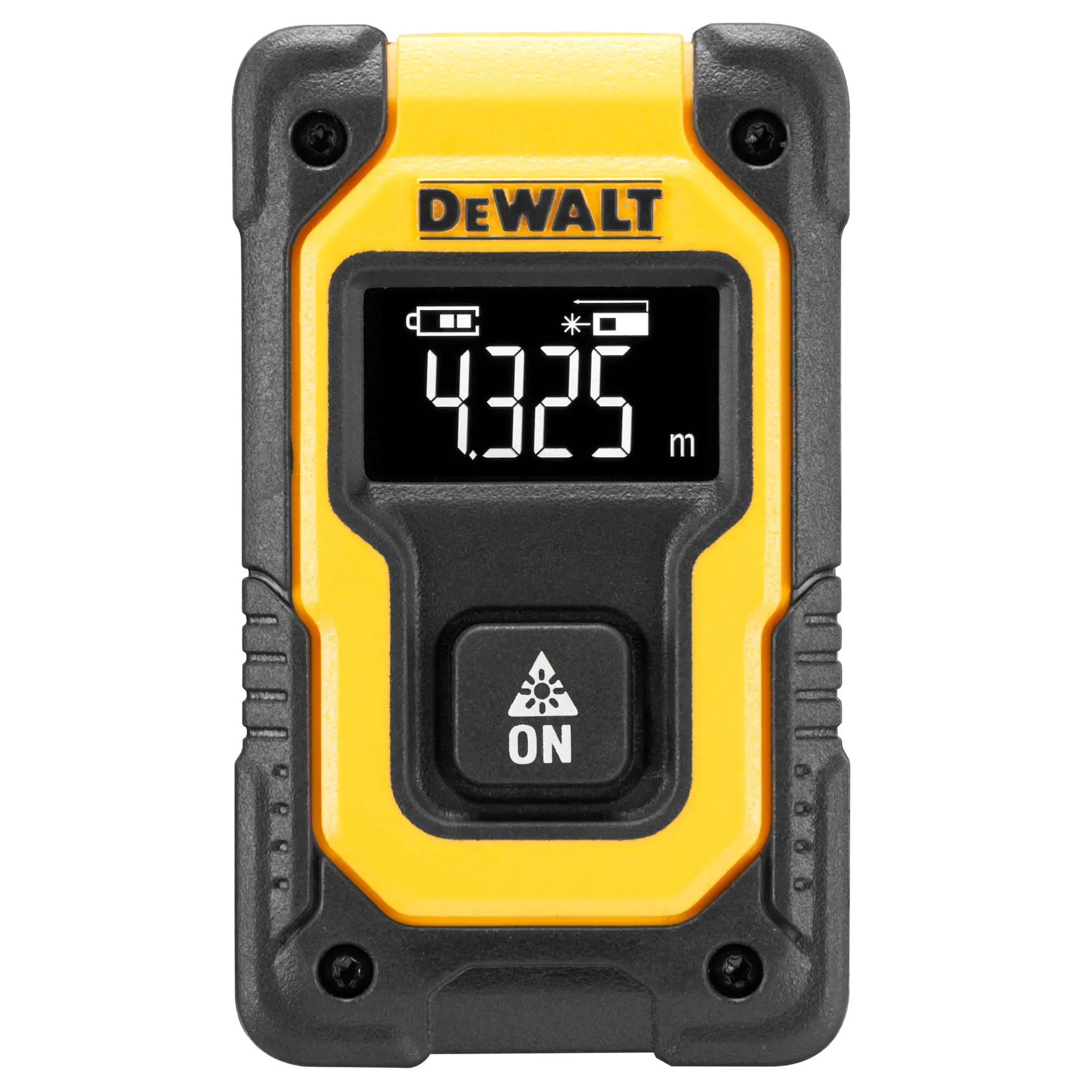 A DEWALT DW055PL compact laser distance measurer in yellow and black, shown with a USB charging cable and a wrist strap.