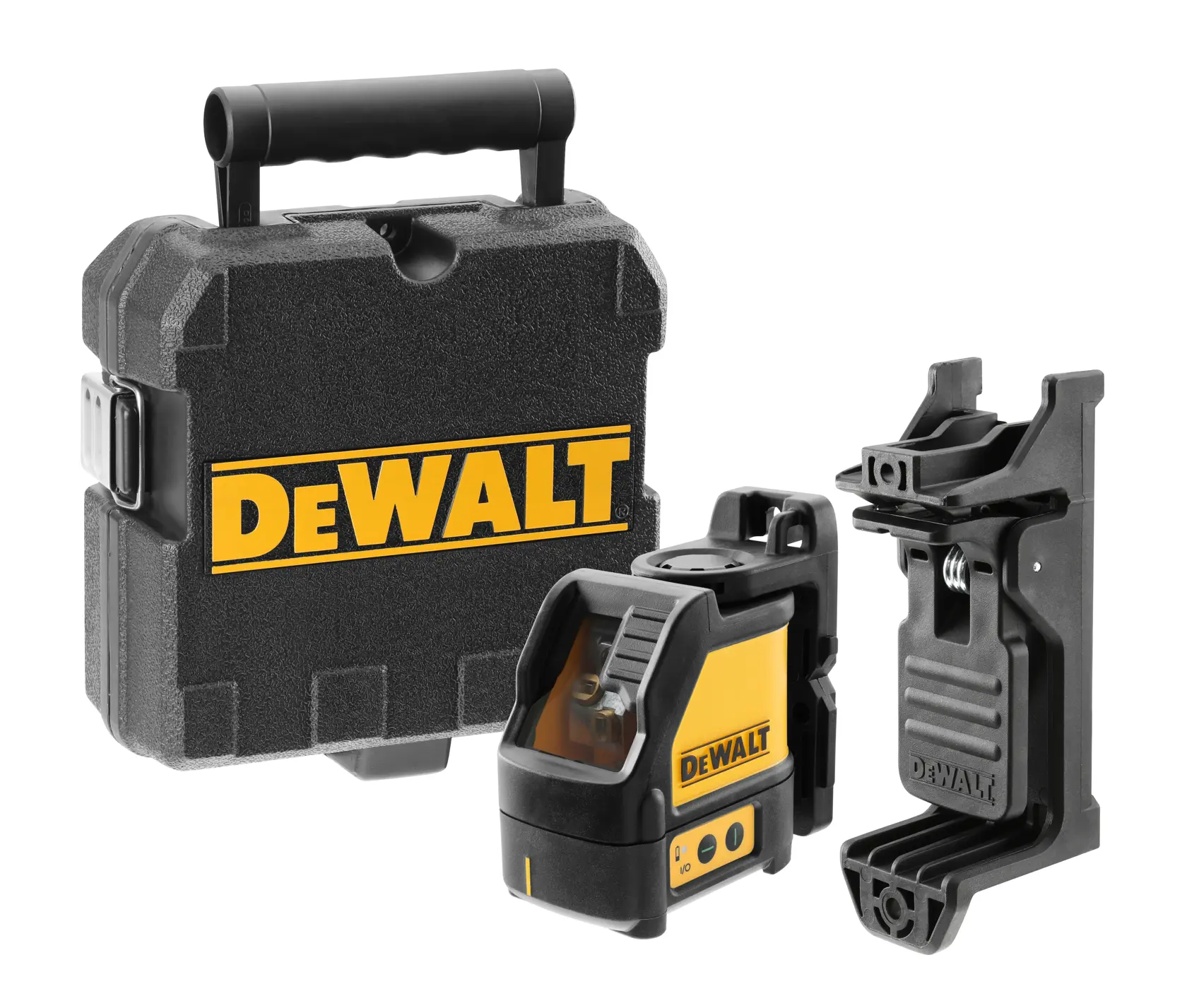DEWALT DW088CG green cross line laser level with yellow and black casing, side view, power buttons visible.