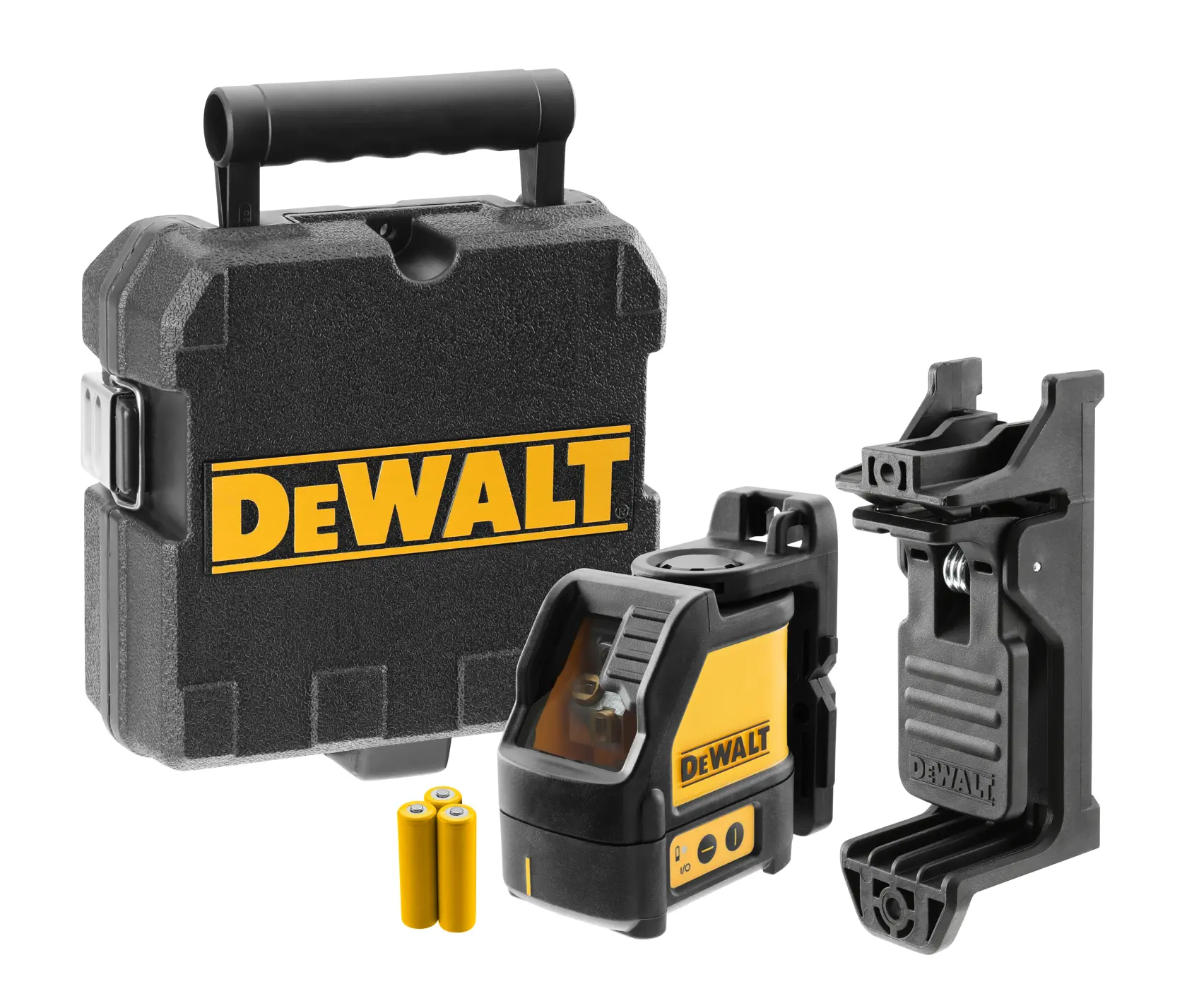 DEWALT DW088K cross line laser level kit, including a black carrying case with DEWALT logo, two yellow batteries, the laser level device, and a black mounting bracket.