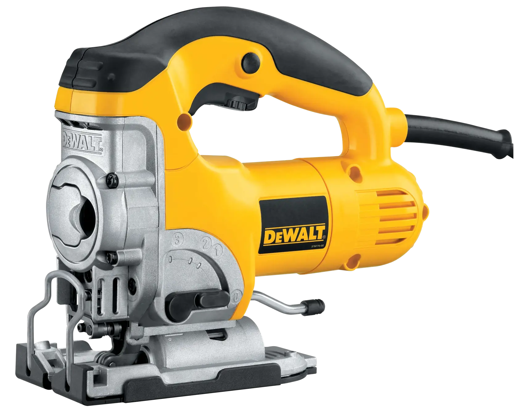 Sierra de calar amarilla DEWALT DW331K con mango negro y cable sobre fondo blanco.