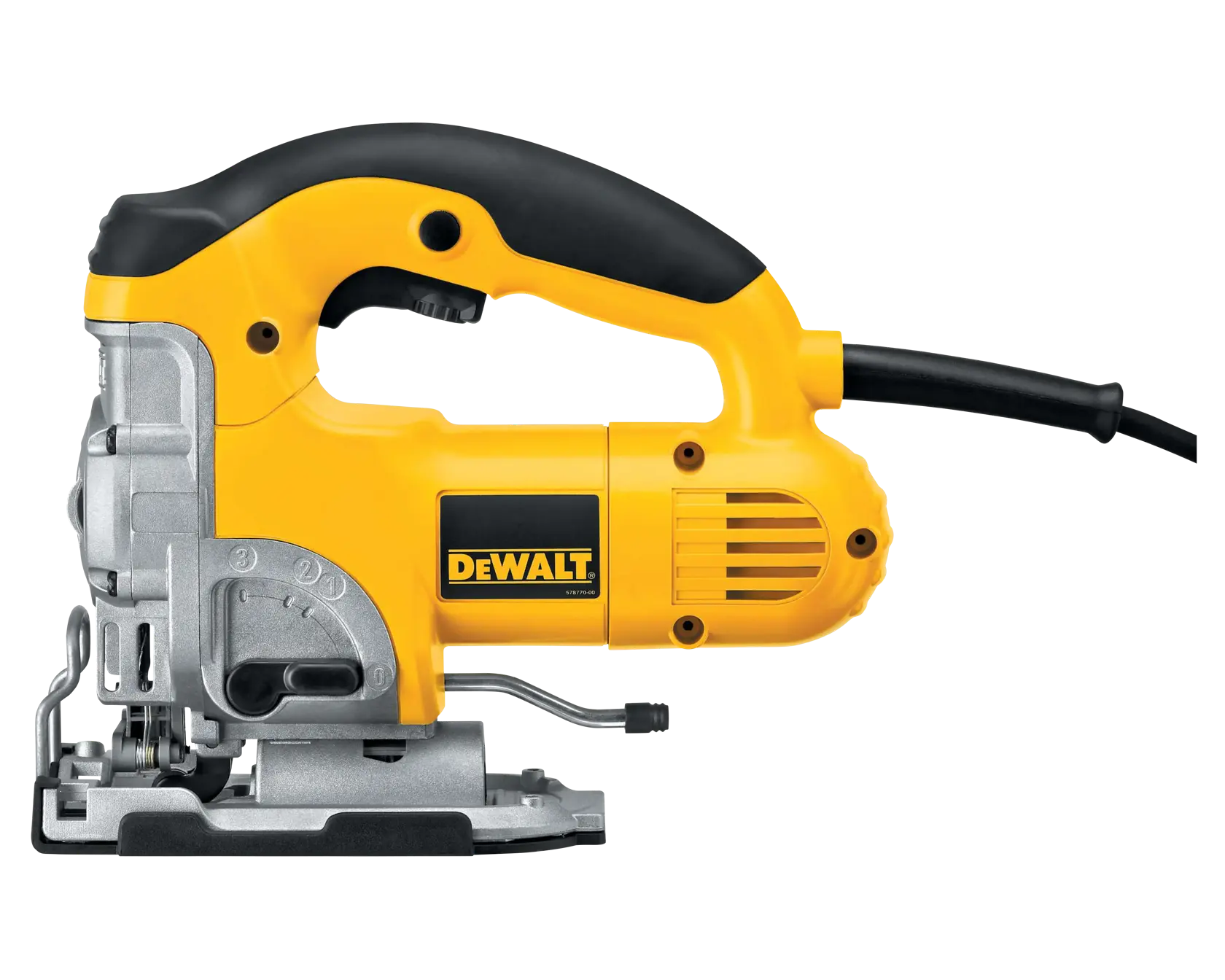 Sierra de calar DEWALT DW331K amarilla y negra con cable, vista lateral sobre fondo blanco.