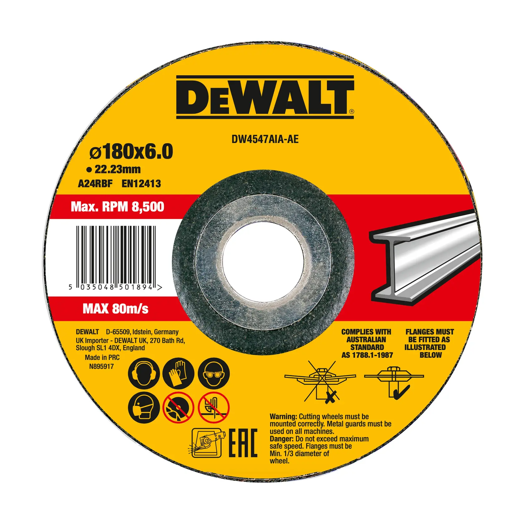 Photo of DEWALT cutting wheel DW4547AIA, 180x6.0mm, yellow-red label, flat angle, product category Photography.