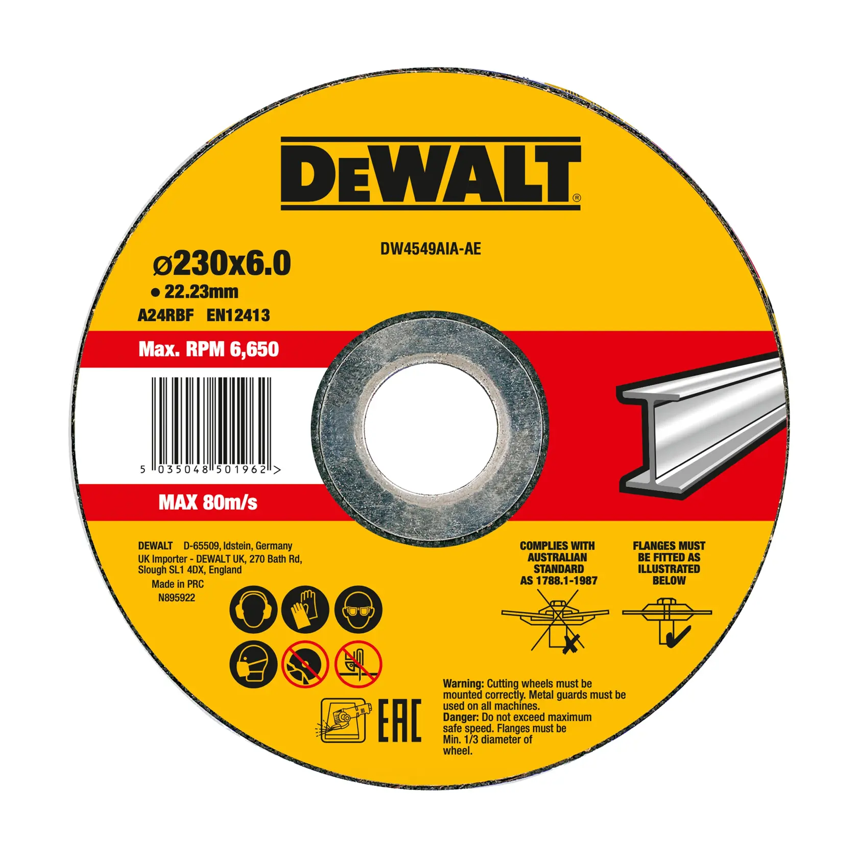 DEWALT cutting disc DW4549AIA-AE, DW4549AIA, 230x6mm, max 6650 RPM, for metal use, with warning icons.
